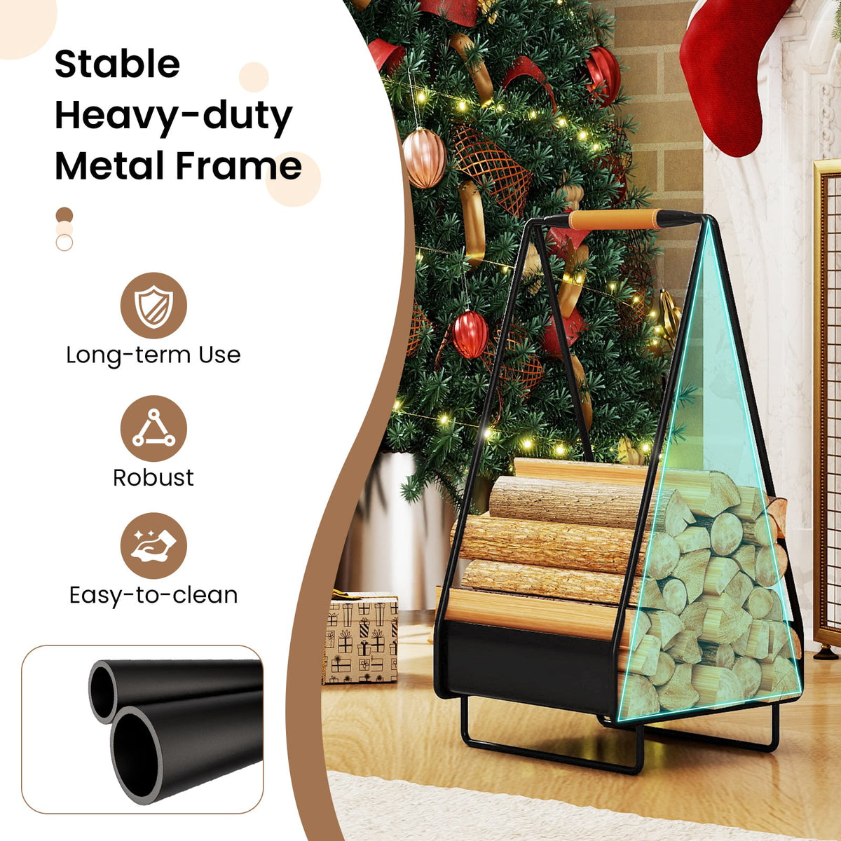 Firewood Storage Rack Heavy-duty Metal Log Holder with Handle and Square Rack-Log Racks & Carriers-DECOROLALA