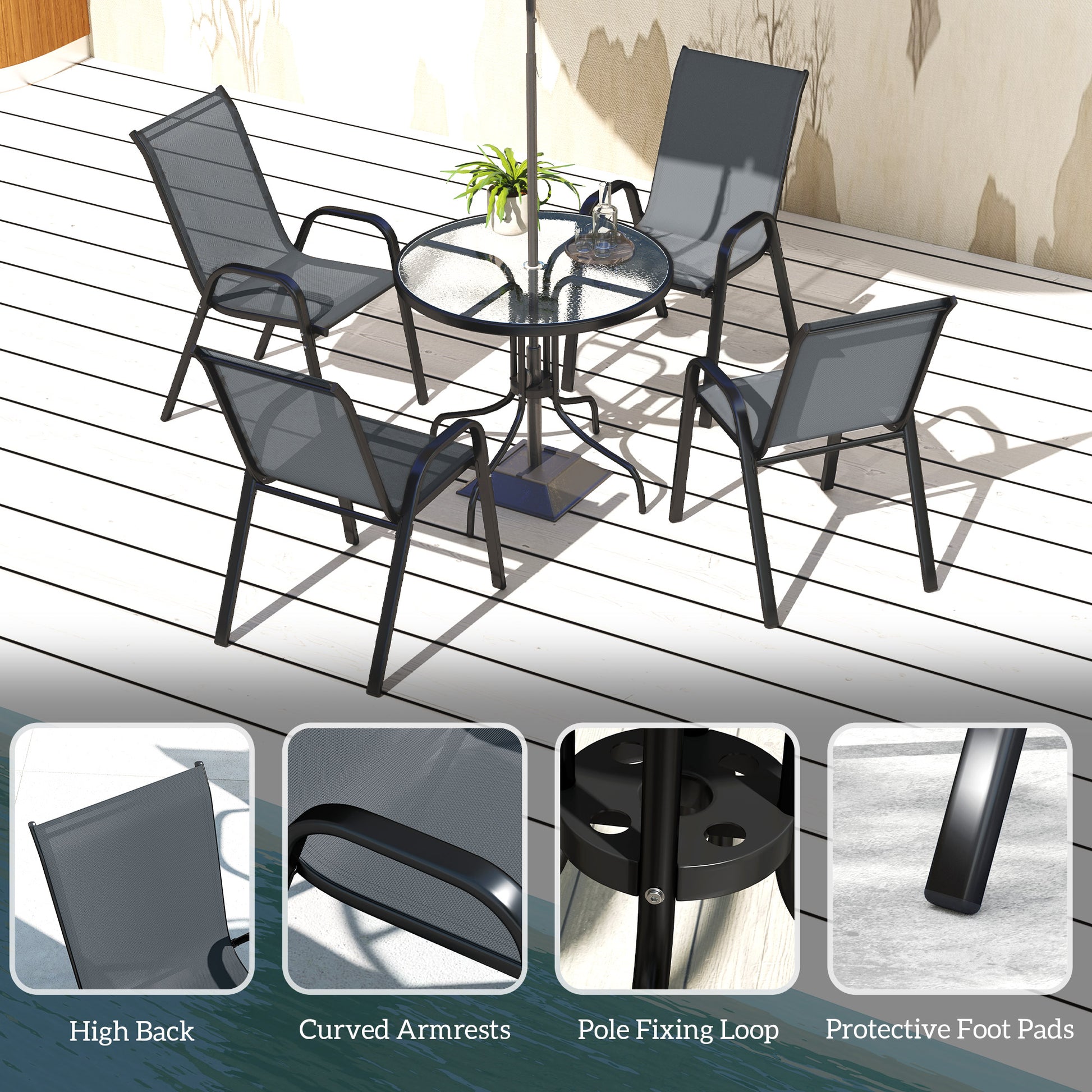 Five-Piece Patio Set - Dark Grey Glass Table-DECOROLALA