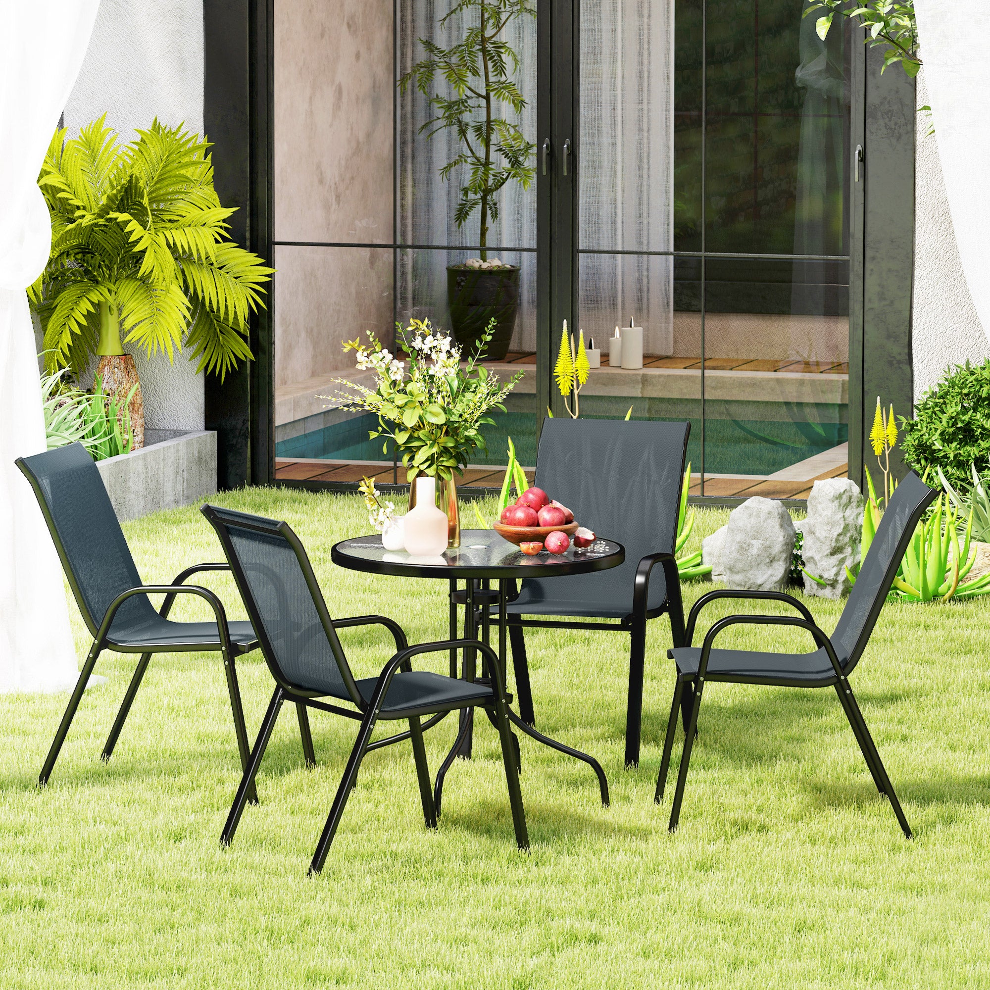 Five-Piece Patio Set - Dark Grey Glass Table-DECOROLALA