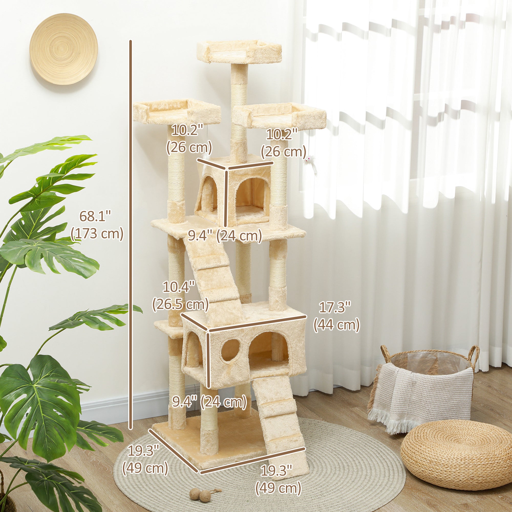 68-inch Multi-Level Cat Scratching Tree Kitty Activity Center Post Tower Condo Pet Furniture w/ Toy Beige