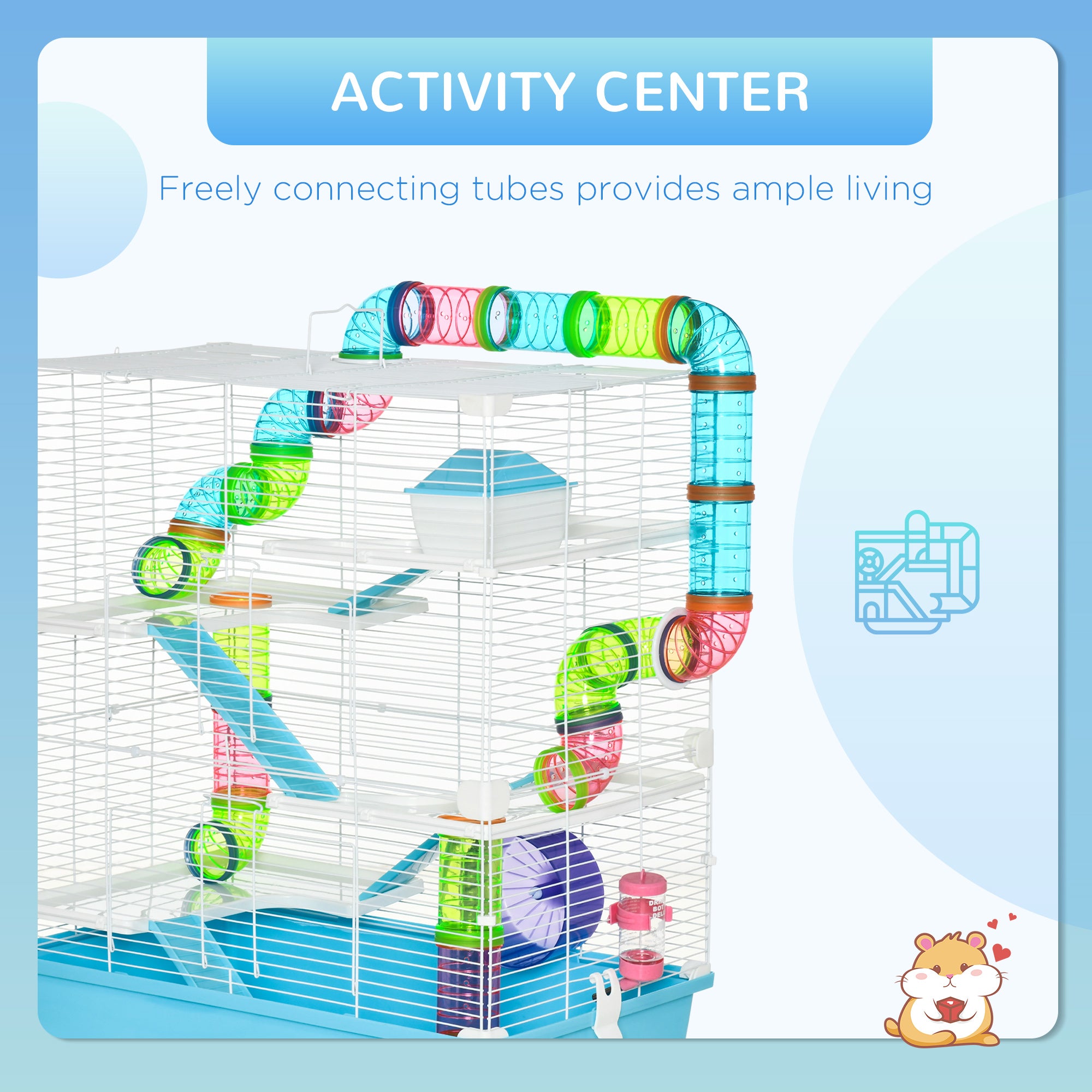 23" Large Hamster Cage, Small Animal House, 5-Level Gerbil Haven, Tunnel Tube System, with Water Bottle, Exercise Wheel, Food Dish, Ramps, 2 Doors, Light Blue