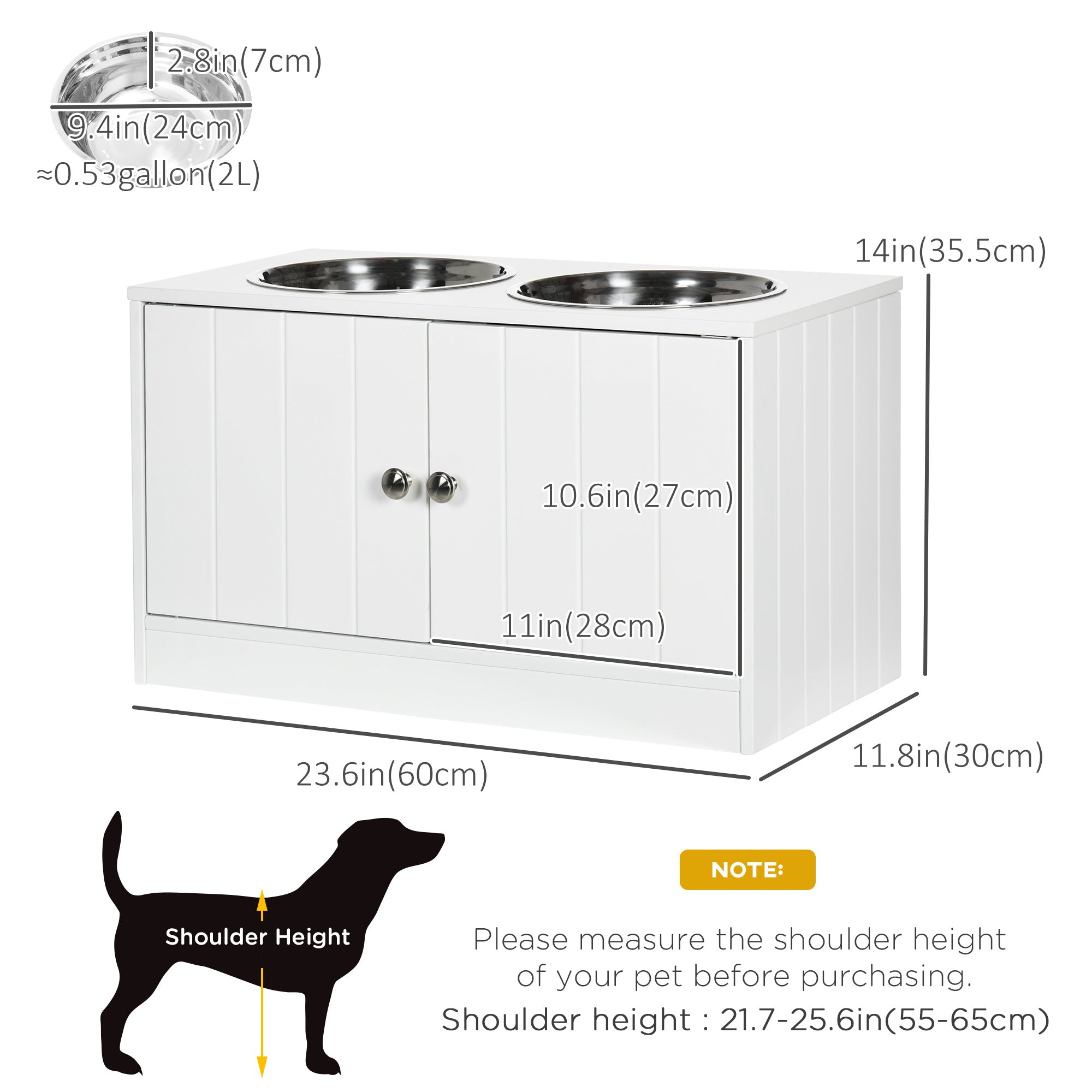 Gamelle surélevée pour grands chiens, station d’alimentation pour animaux avec support et rangement, 2 gamelles en acier inoxydable pour la nourriture et l’eau, blanche, 23.6" x 11.8" x 14"