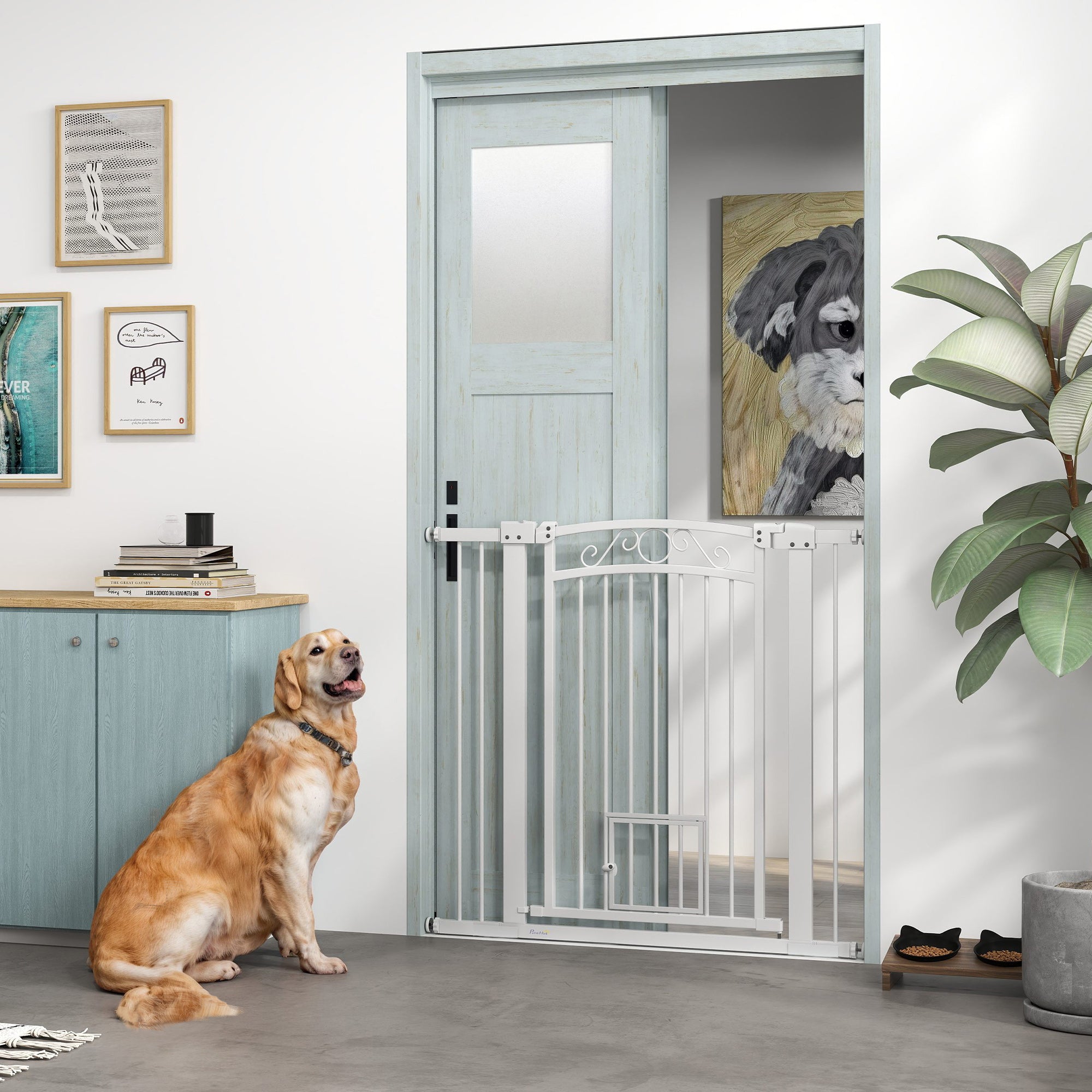 Dog Gate, Walk Through Pet Gate w/ Small Pet Door, Auto Close, for Doorways, House, Stair, 30"-41" W x 38" H