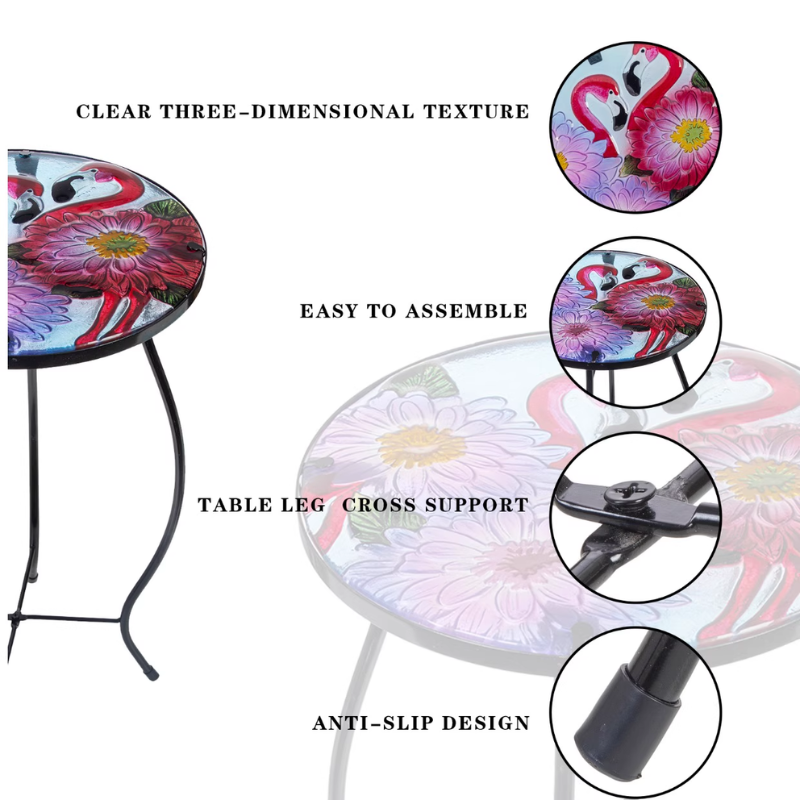 Flamingo Round Glass Top Foldable Patio Side Table - 15"-End Table-DECOROLALA
