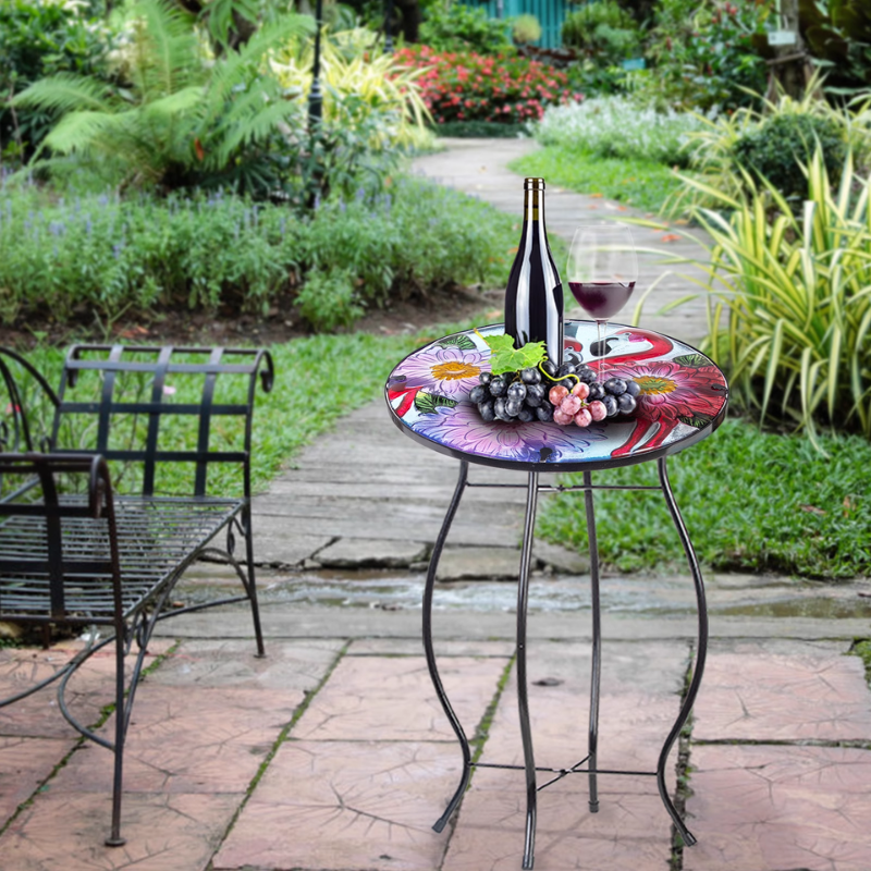 Flamingo Round Glass Top Foldable Patio Side Table - 15"-End Table-DECOROLALA