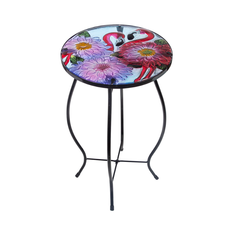 Flamingo Round Glass Top Foldable Patio Side Table - 15"-End Table-DECOROLALA