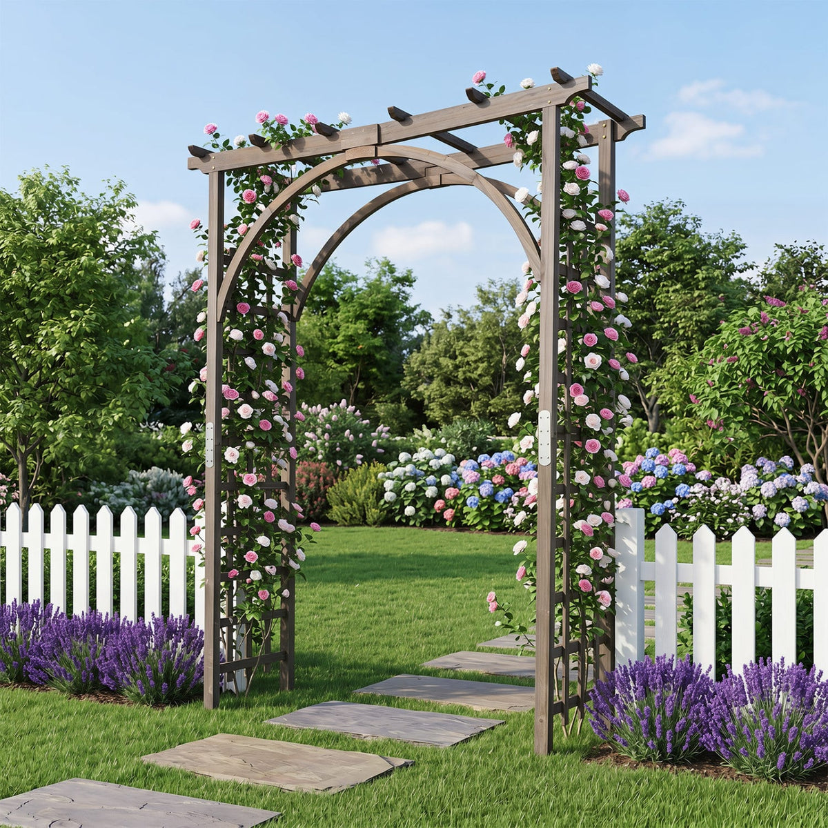 Flat Top Garden Arch Trellis 85" Tall Wood for Climbing Plants and Wedding-Brown-Garden Arbors-DECOROLALA