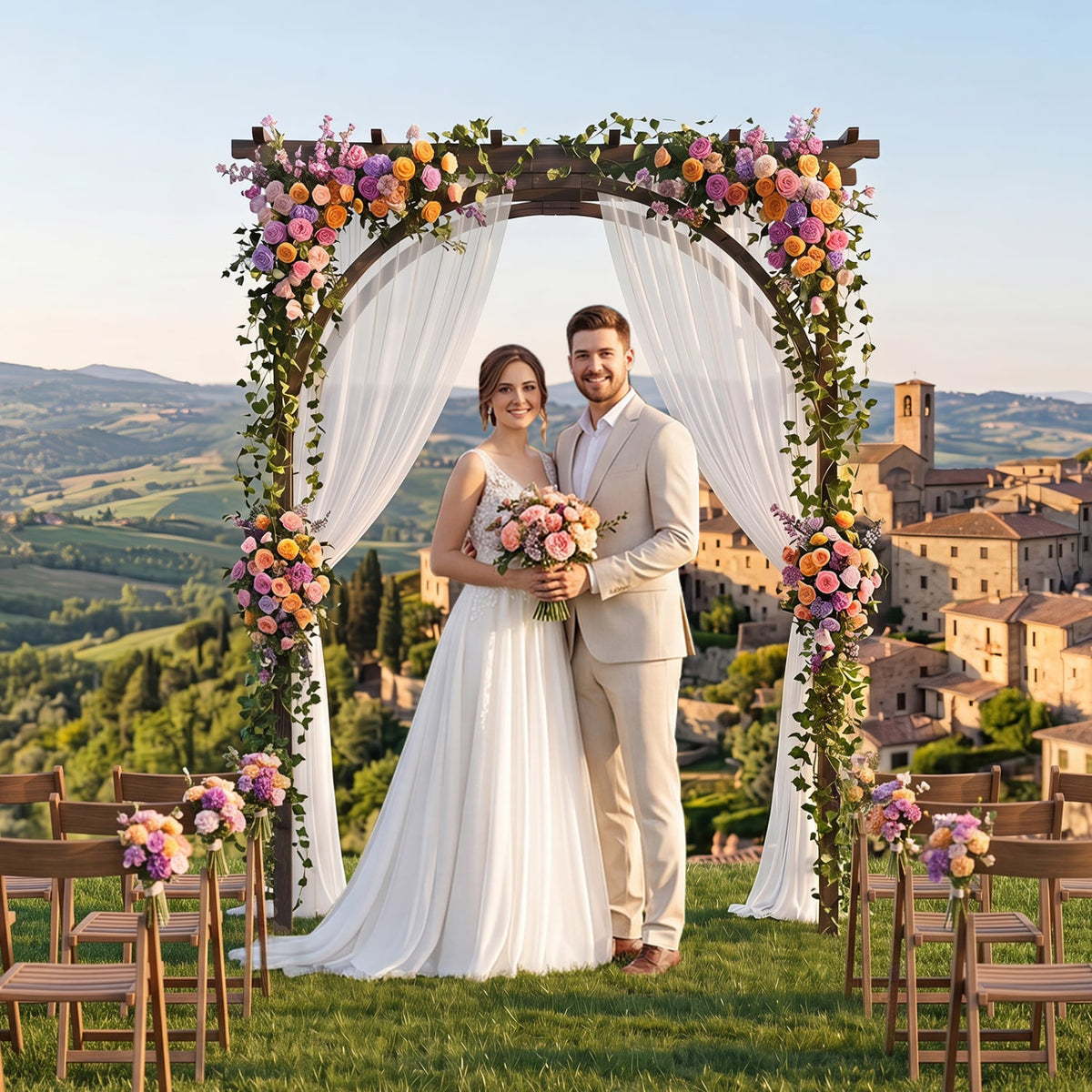 Flat Top Garden Arch Trellis 85" Tall Wood for Climbing Plants and Wedding-Brown-Garden Arbors-DECOROLALA