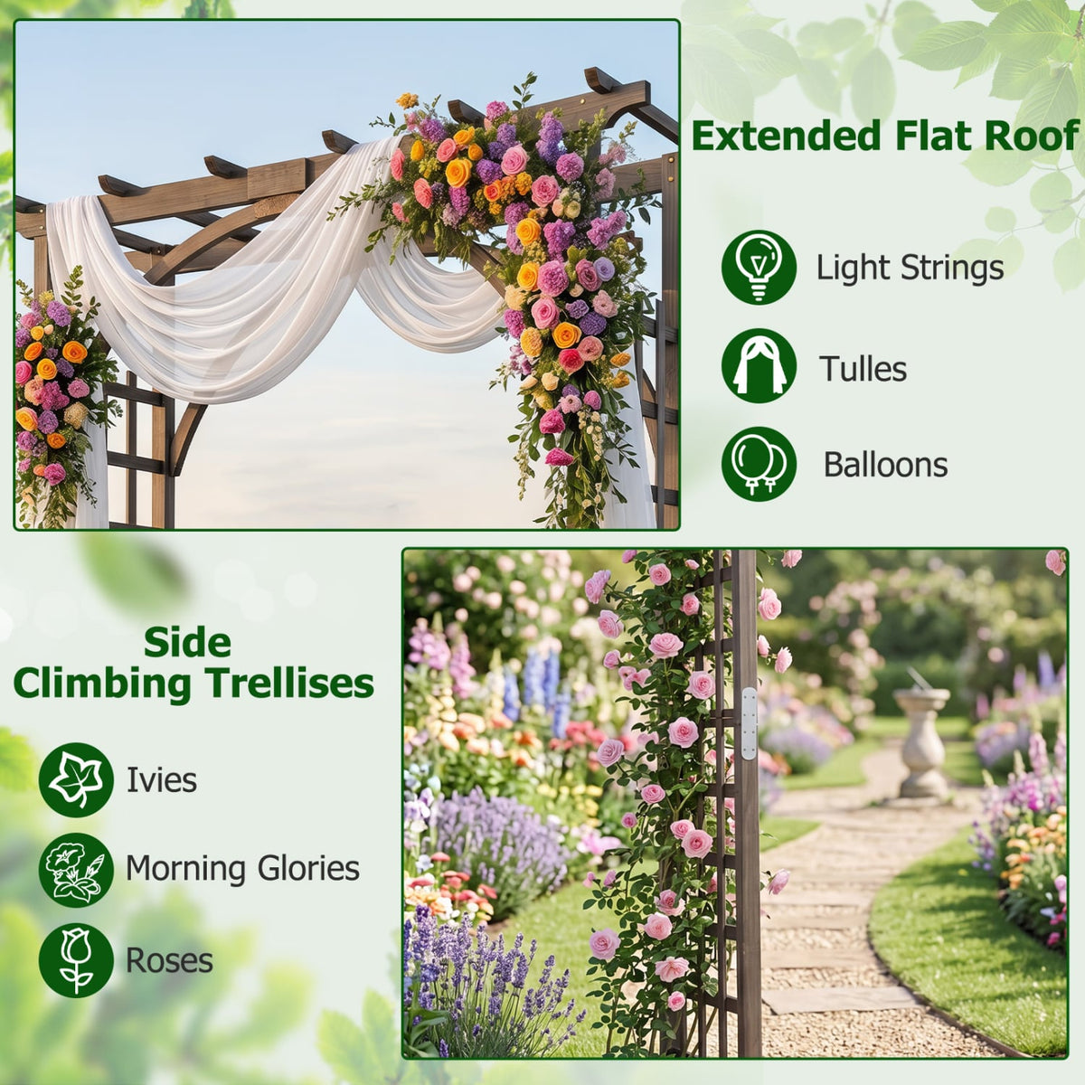Flat Top Garden Arch Trellis 85" Tall Wood for Climbing Plants and Wedding-Brown-Garden Arbors-DECOROLALA