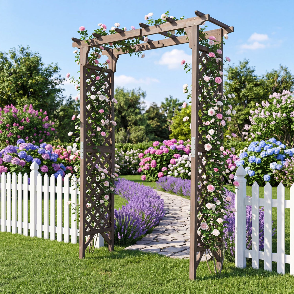 Flat Top Garden Arch with Gate 85" Tall Wood for Climbing Plants and Wedding-Brown-Garden Arbors-DECOROLALA