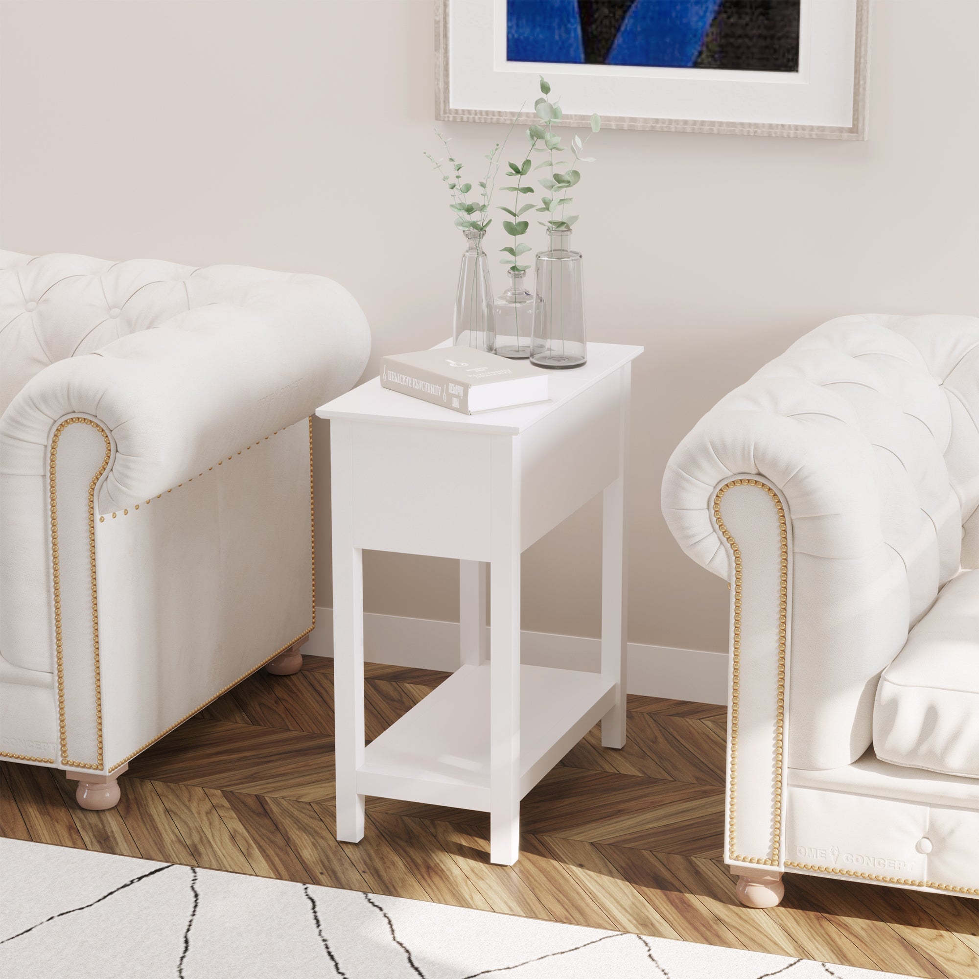 Flip Top End Table, Side Table with Storage Shelf and Cable Management, Narrow Nightstand for Living Room, Bedroom, White-Home Furnishings > Living Room Furniture > Side¬†Tables-DECOROLALA