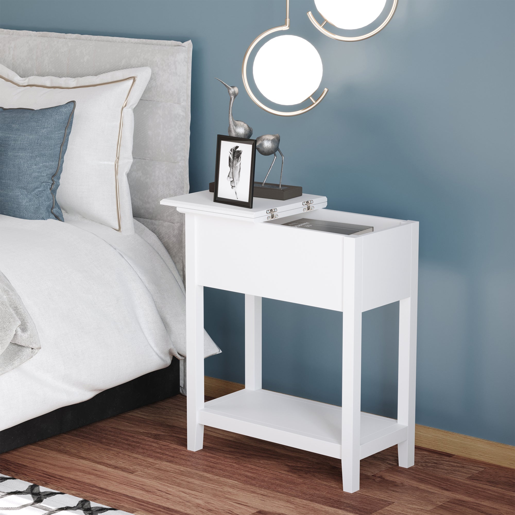 Flip Top End Table, Side Table with Storage Shelf and Cable Management, Narrow Nightstand for Living Room, Bedroom, White-Home Furnishings > Living Room Furniture > Side¬†Tables-DECOROLALA