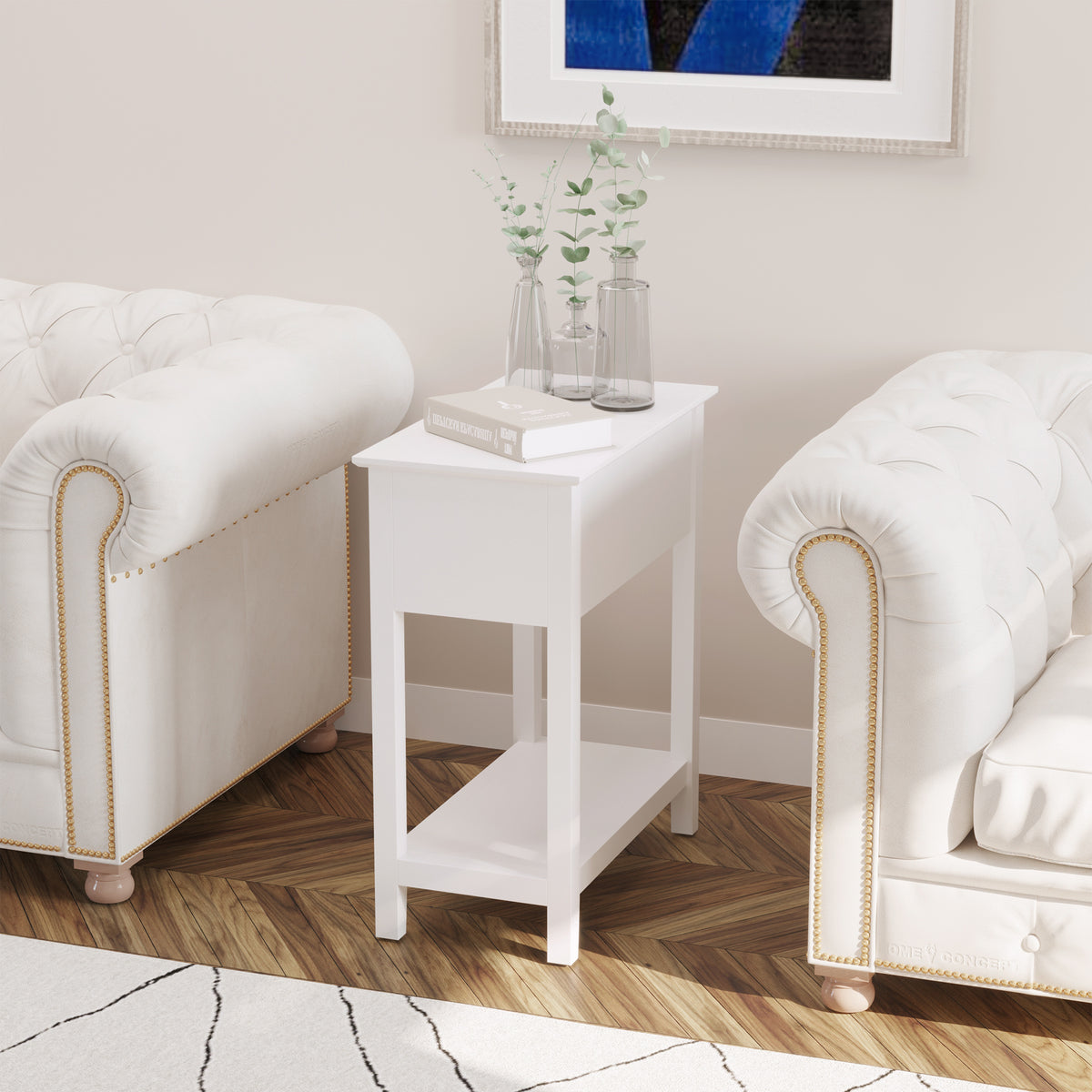 Flip Top End Table with Cable Management - White MDF-Home Furnishings > Living Room Furniture > Side¬†Tables-DECOROLALA