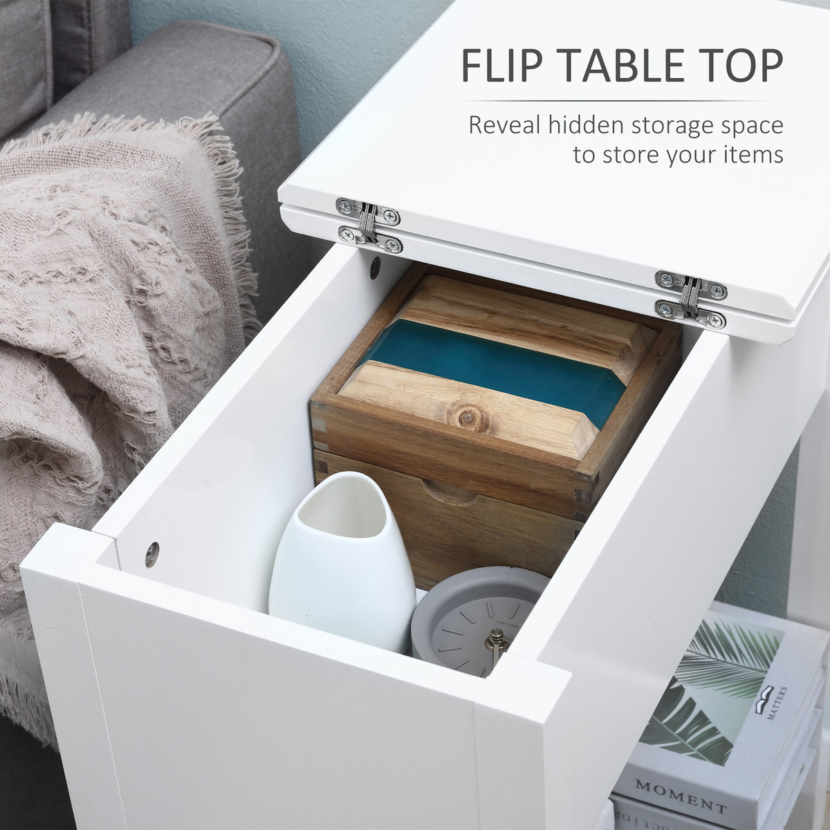 Flip Top End Table with Cable Management - White MDF-Home Furnishings > Living Room Furniture > Side¬†Tables-DECOROLALA