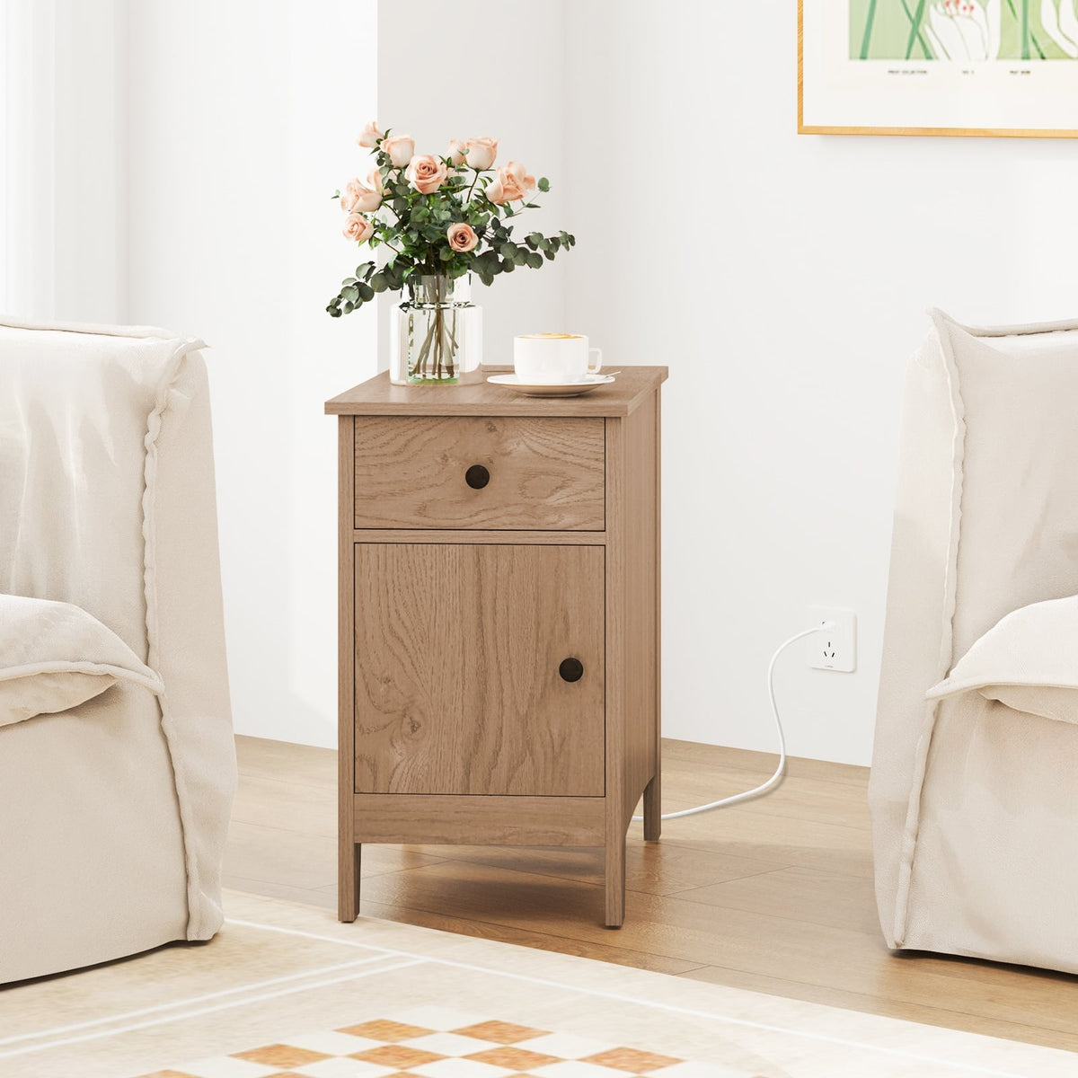Flip Top End Table with Charging Station USB Ports Outlets and Drawer-Natural-Nightstands-DECOROLALA