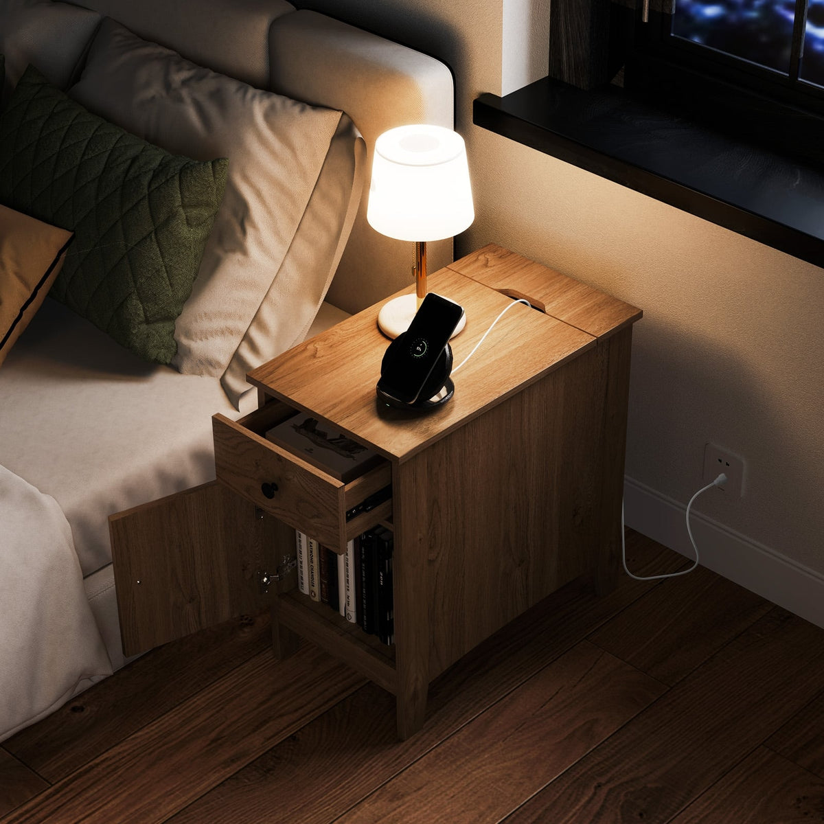 Flip Top End Table with Charging Station USB Ports Outlets and Drawer-Natural-Nightstands-DECOROLALA