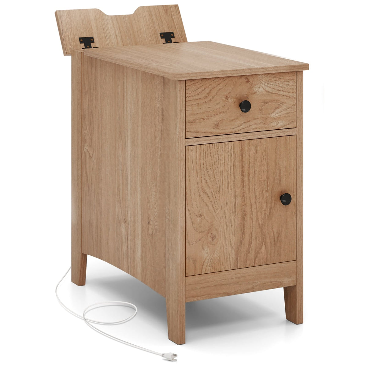 Flip Top End Table with Charging Station USB Ports Outlets and Drawer-Natural-Nightstands-DECOROLALA