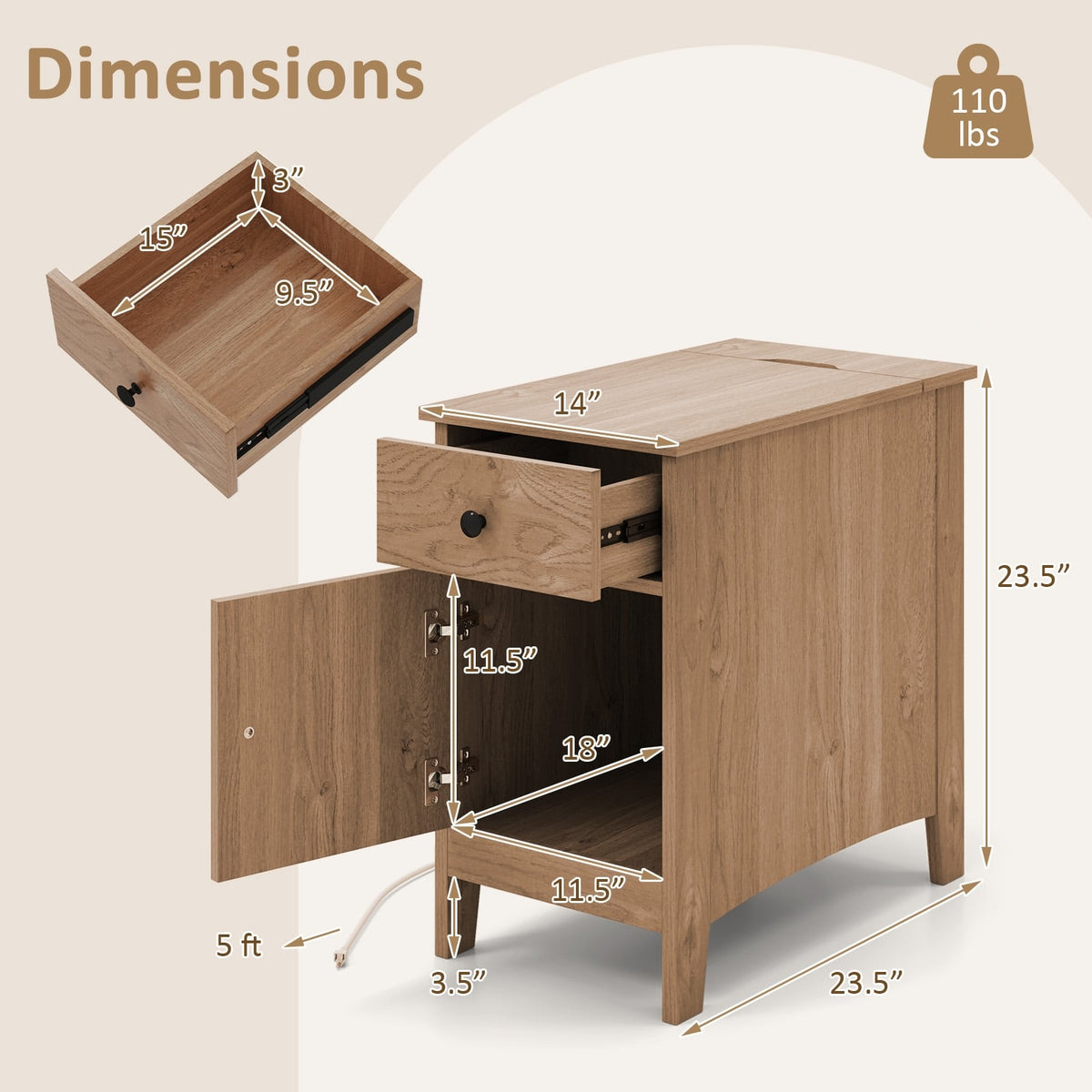 Flip Top End Table with Charging Station USB Ports Outlets and Drawer-Natural-Nightstands-DECOROLALA