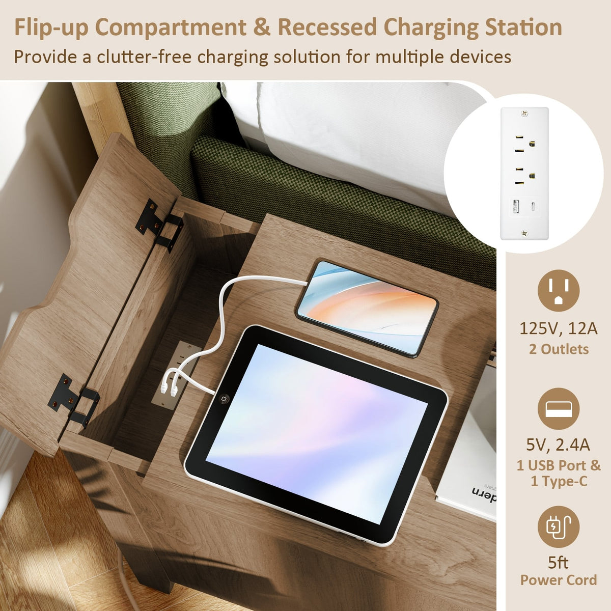 Flip Top End Table with Charging Station USB Ports Outlets and Drawer-Natural-Nightstands-DECOROLALA
