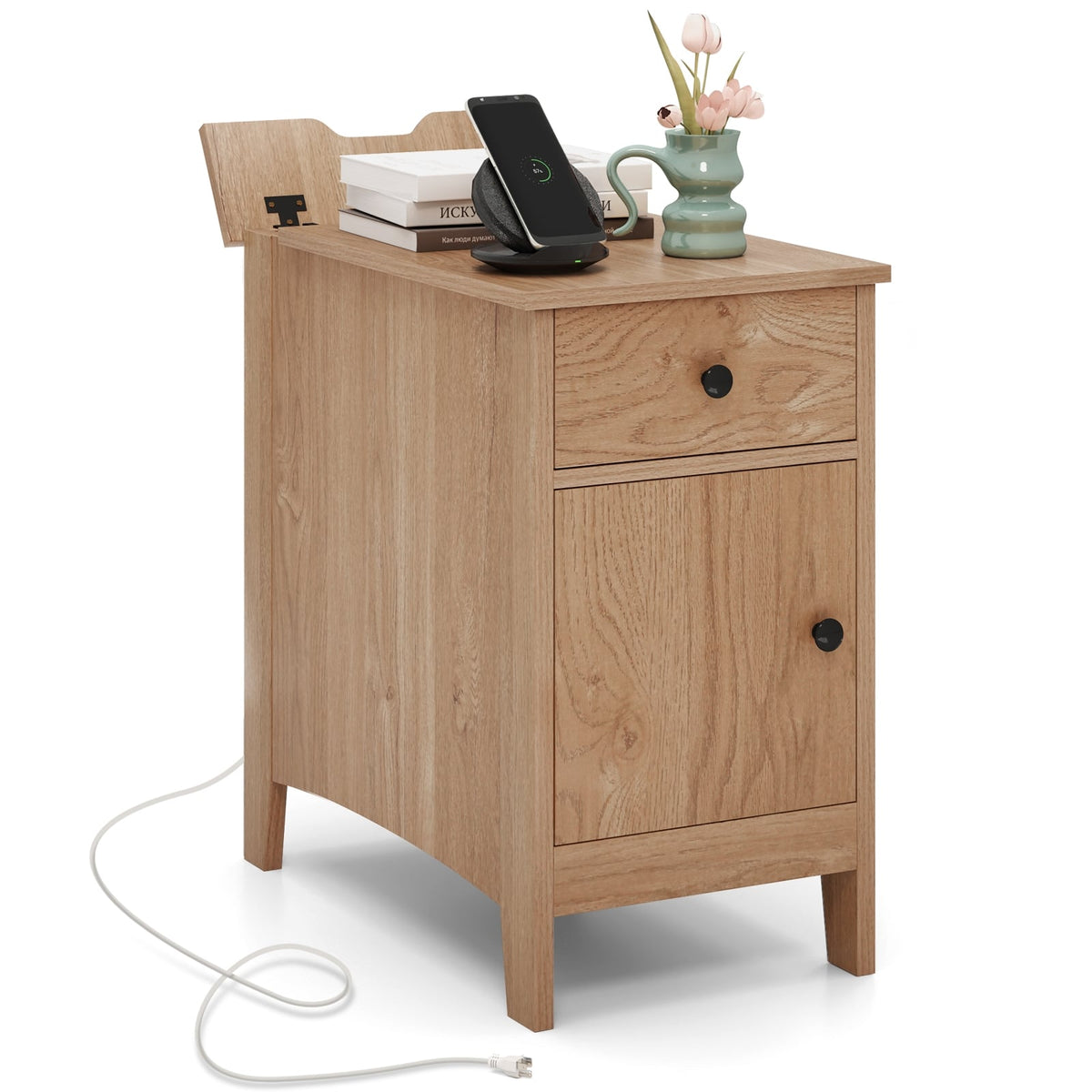 Flip Top End Table with Charging Station USB Ports Outlets and Drawer-Natural-Nightstands-DECOROLALA