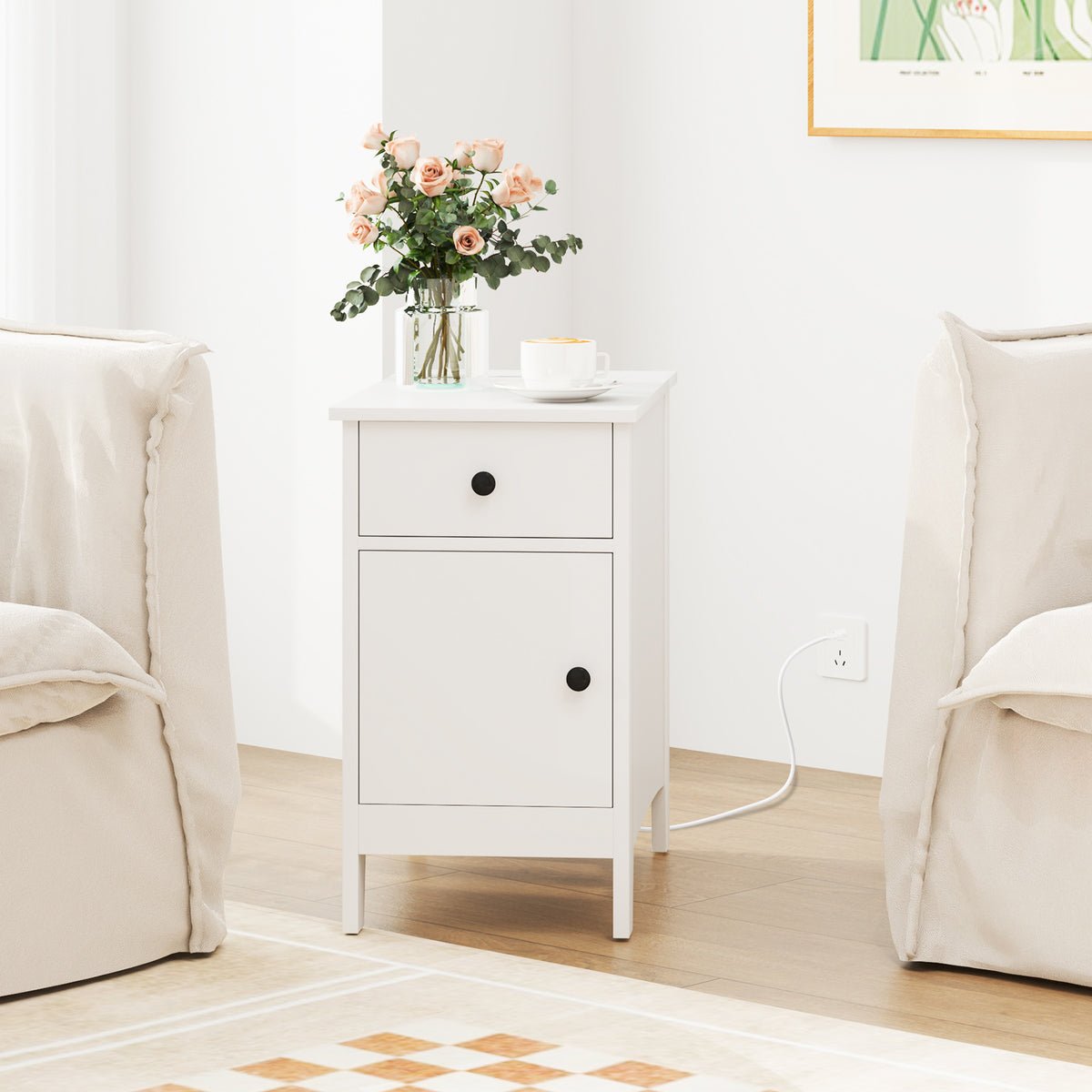 Flip Top End Table with Charging Station USB Ports Outlets and Drawer-White-Nightstands-DECOROLALA