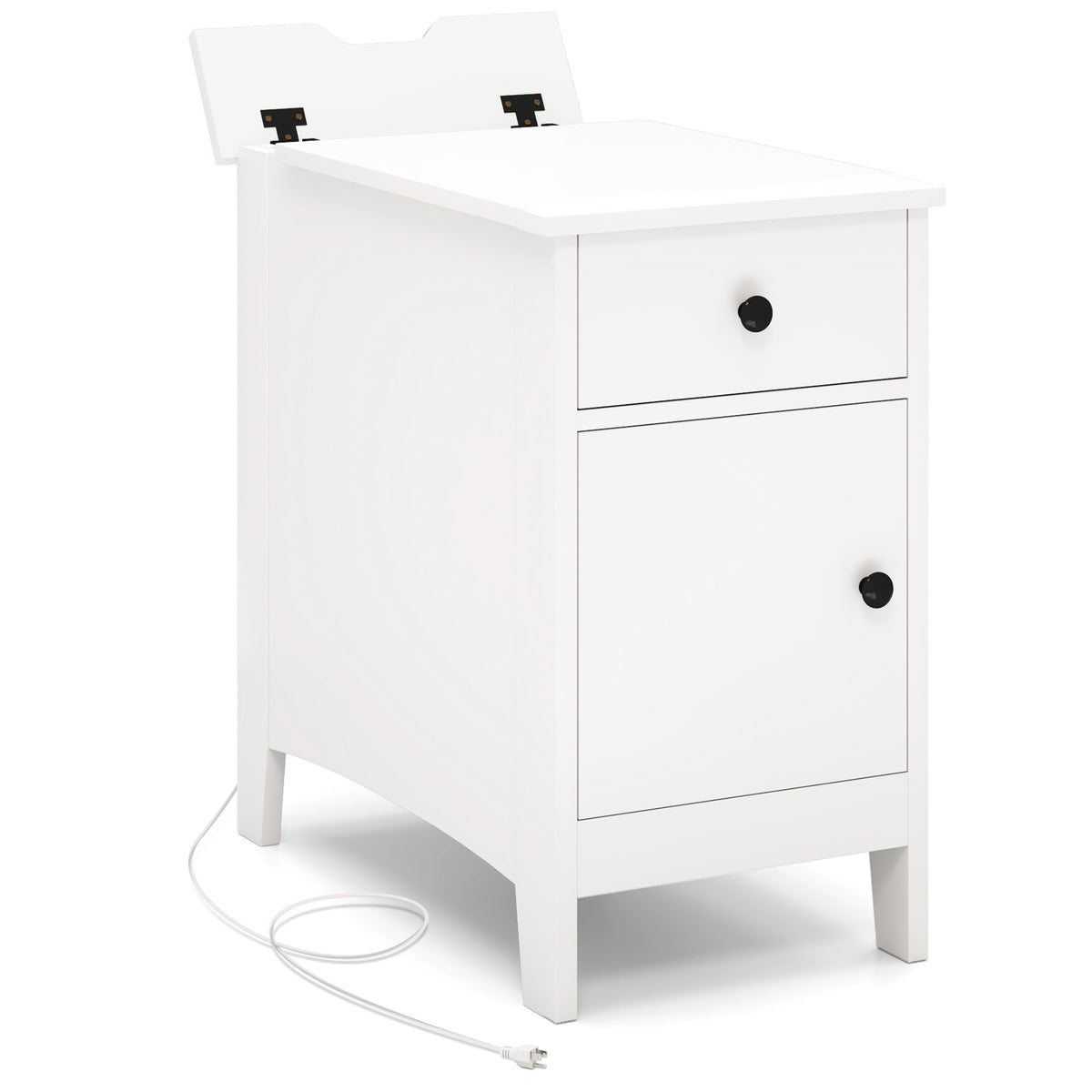 Flip Top End Table with Charging Station USB Ports Outlets and Drawer-White-Nightstands-DECOROLALA