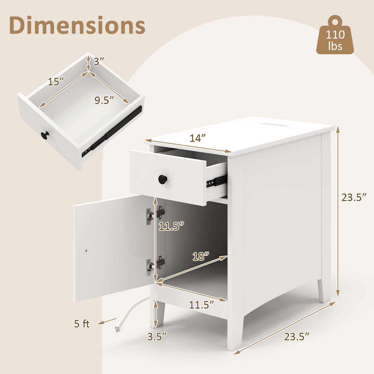 Flip Top End Table with Charging Station USB Ports Outlets and Drawer-White-Nightstands-DECOROLALA