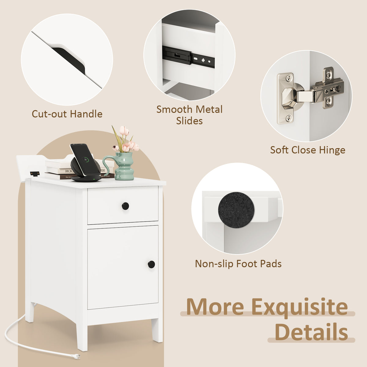 Flip Top End Table with Charging Station USB Ports Outlets and Drawer-White-Nightstands-DECOROLALA