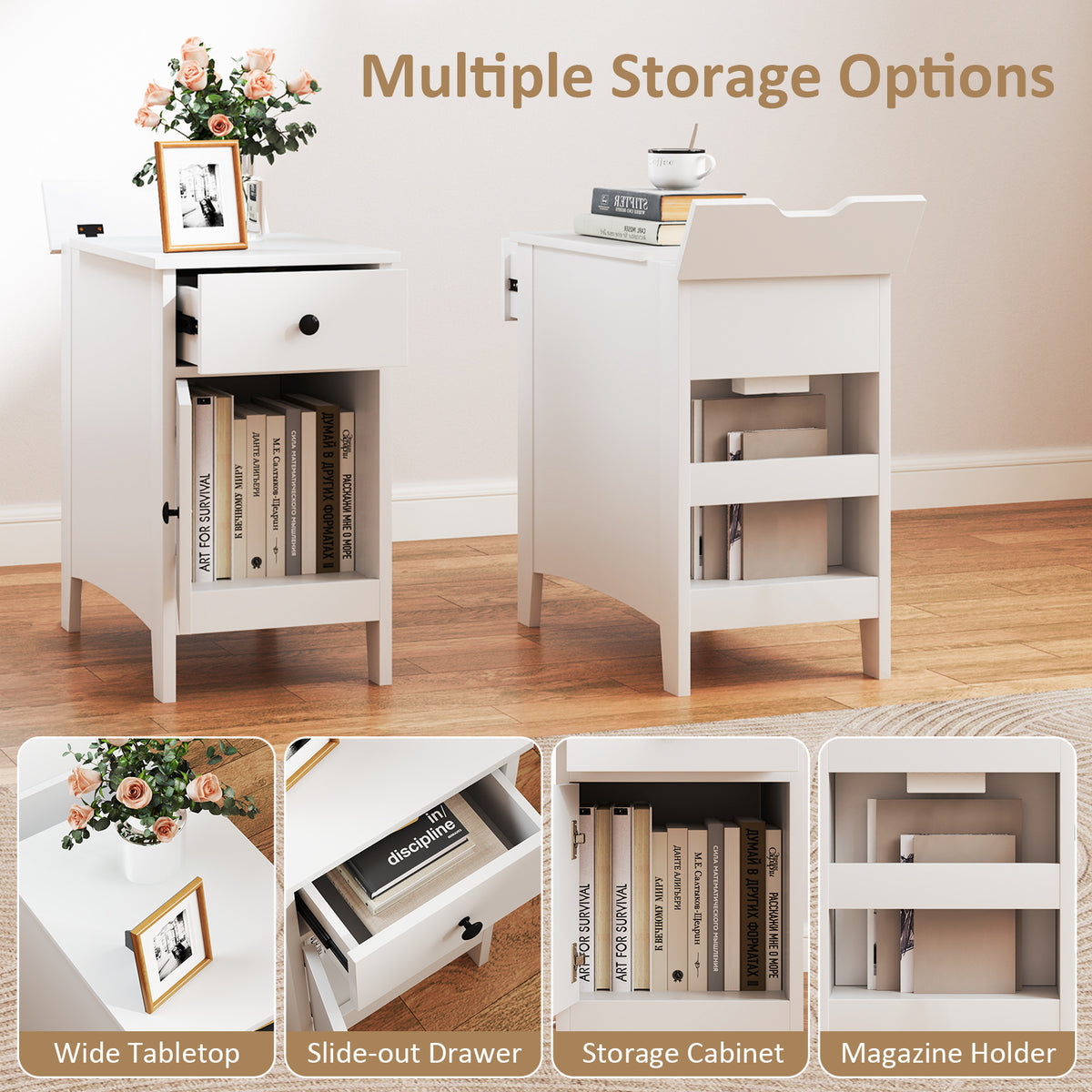 Flip Top End Table with Charging Station USB Ports Outlets and Drawer-White-Nightstands-DECOROLALA