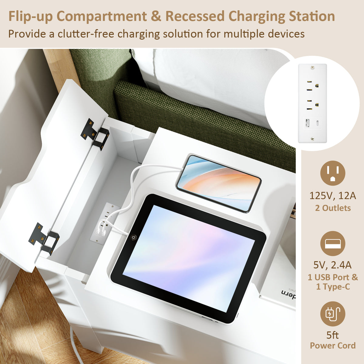 Flip Top End Table with Charging Station USB Ports Outlets and Drawer-White-Nightstands-DECOROLALA