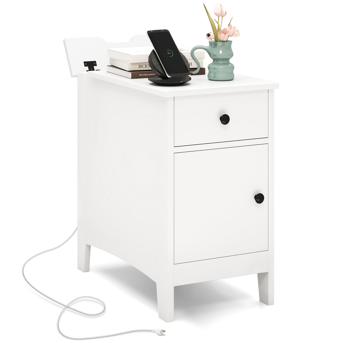 Flip Top End Table with Charging Station USB Ports Outlets and Drawer-White-Nightstands-DECOROLALA