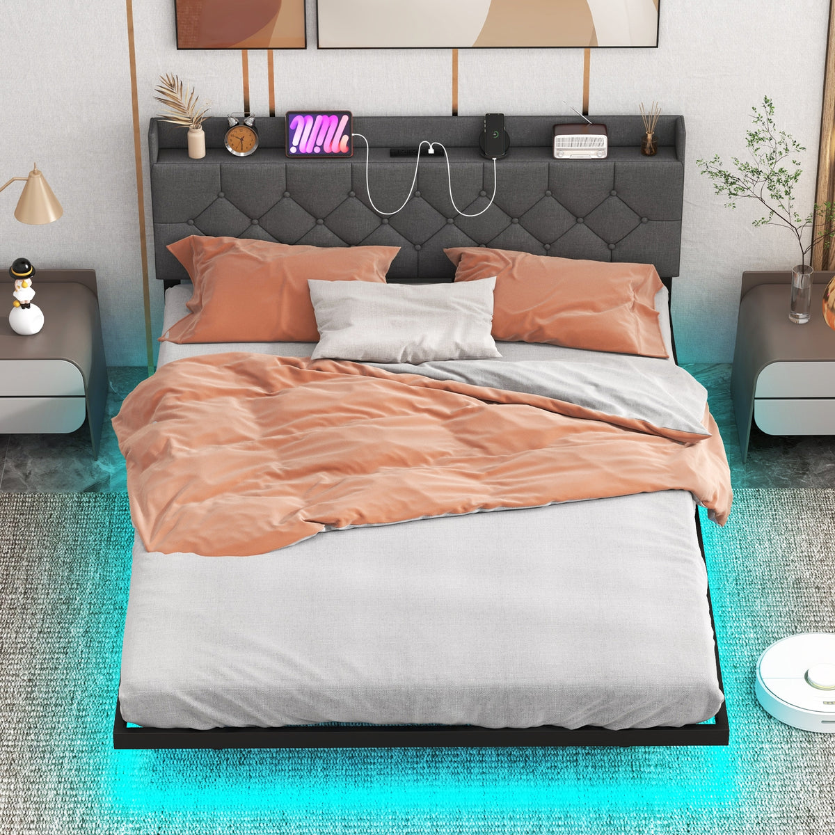 Floating Bed Frame with LED and Headboard and Charging Station-Simple Bed Frame-DECOROLALA