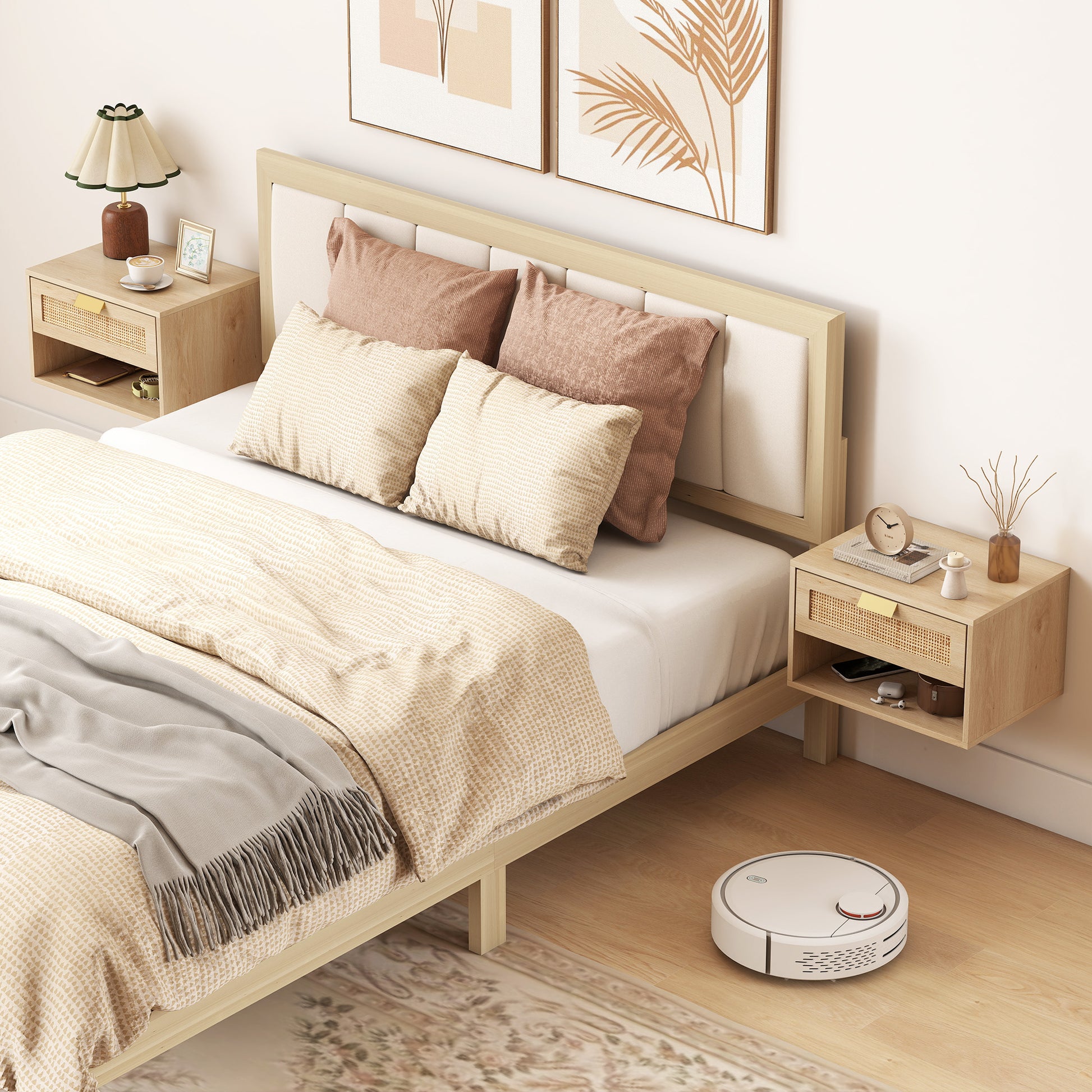 Floating Bedside Table Set of 2, Wall Mount Nordic Nightstands with Storage Drawer and Open Shelf for Bedroom, Oak-Home Furnishings > Bedroom Furniture > Bedside Tables-DECOROLALA