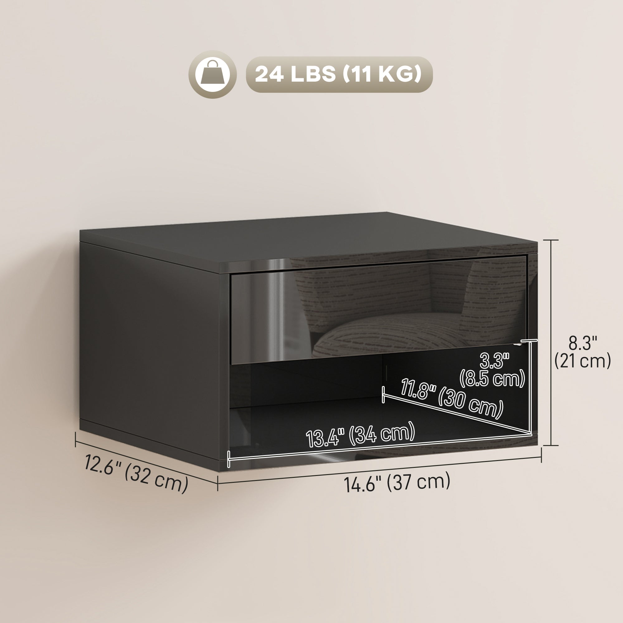 Floating Bedside Tables Set of 2 - High Gloss Black-Home Furnishings > Bedroom Furniture > Bedside Tables-DECOROLALA