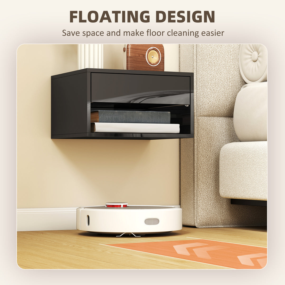 Floating Bedside Tables Set of 2 - High Gloss Black-Home Furnishings > Bedroom Furniture > Bedside Tables-DECOROLALA