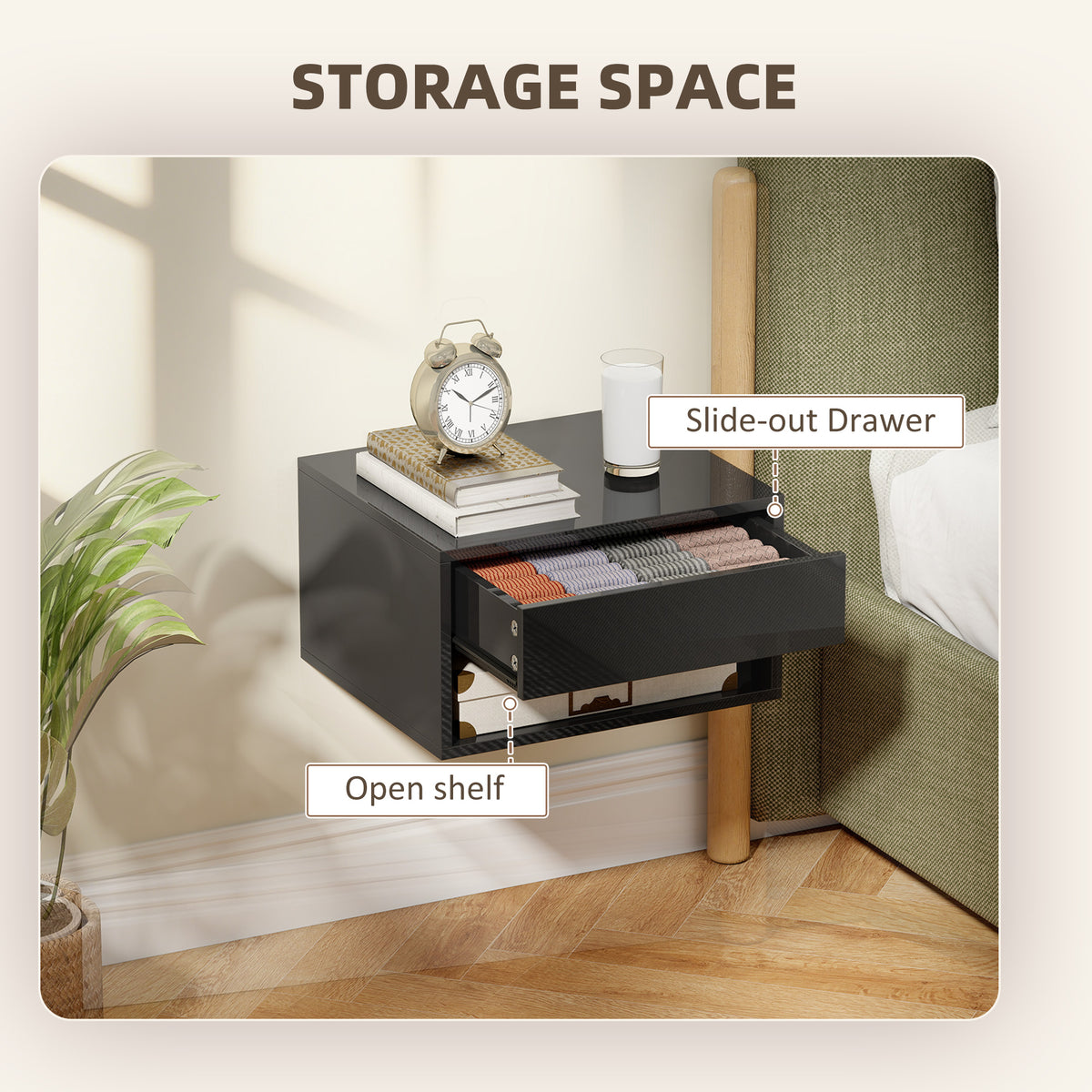 Floating Bedside Tables Set of 2 - High Gloss Black-Home Furnishings > Bedroom Furniture > Bedside Tables-DECOROLALA