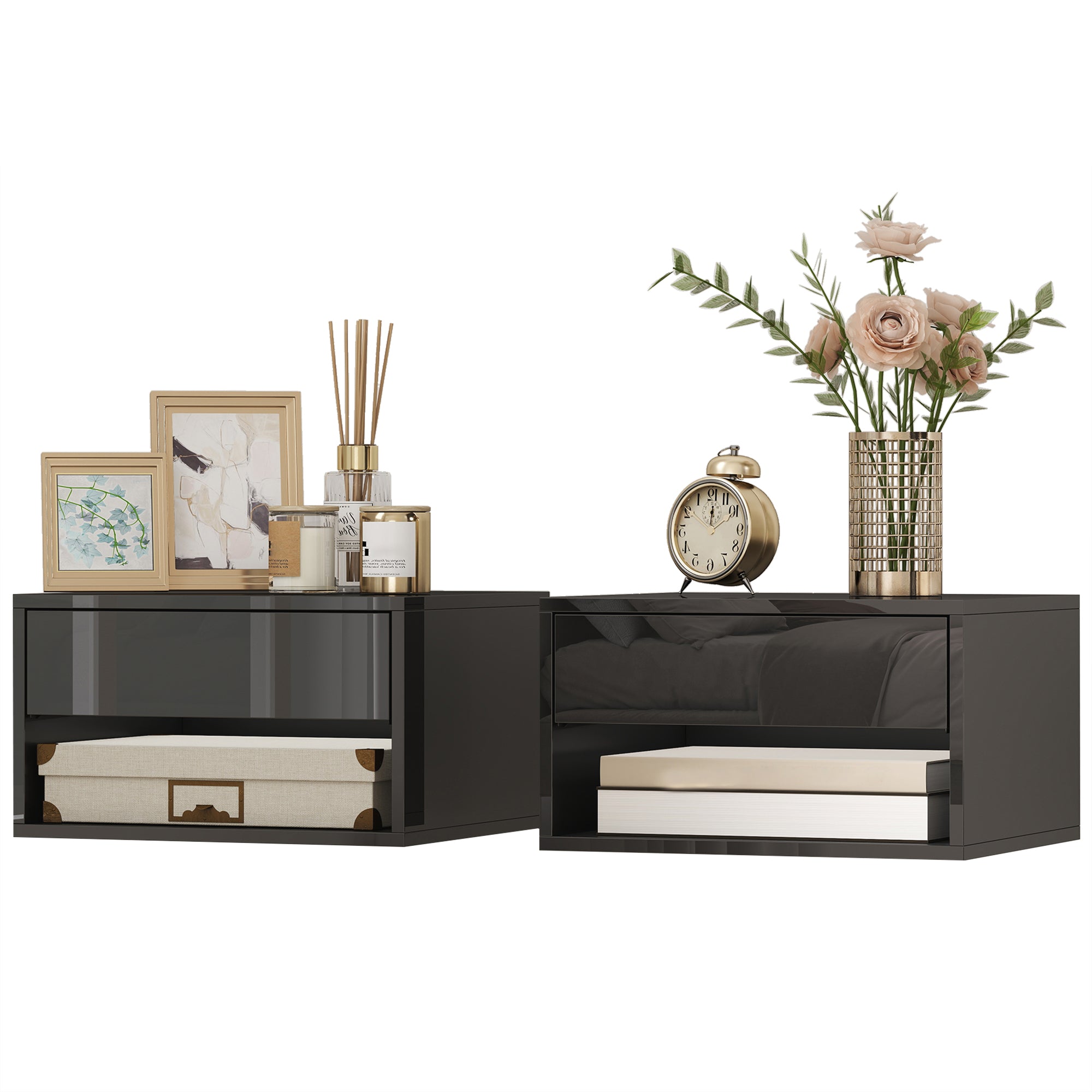 Floating Bedside Tables Set of 2 - High Gloss Black-Home Furnishings > Bedroom Furniture > Bedside Tables-DECOROLALA