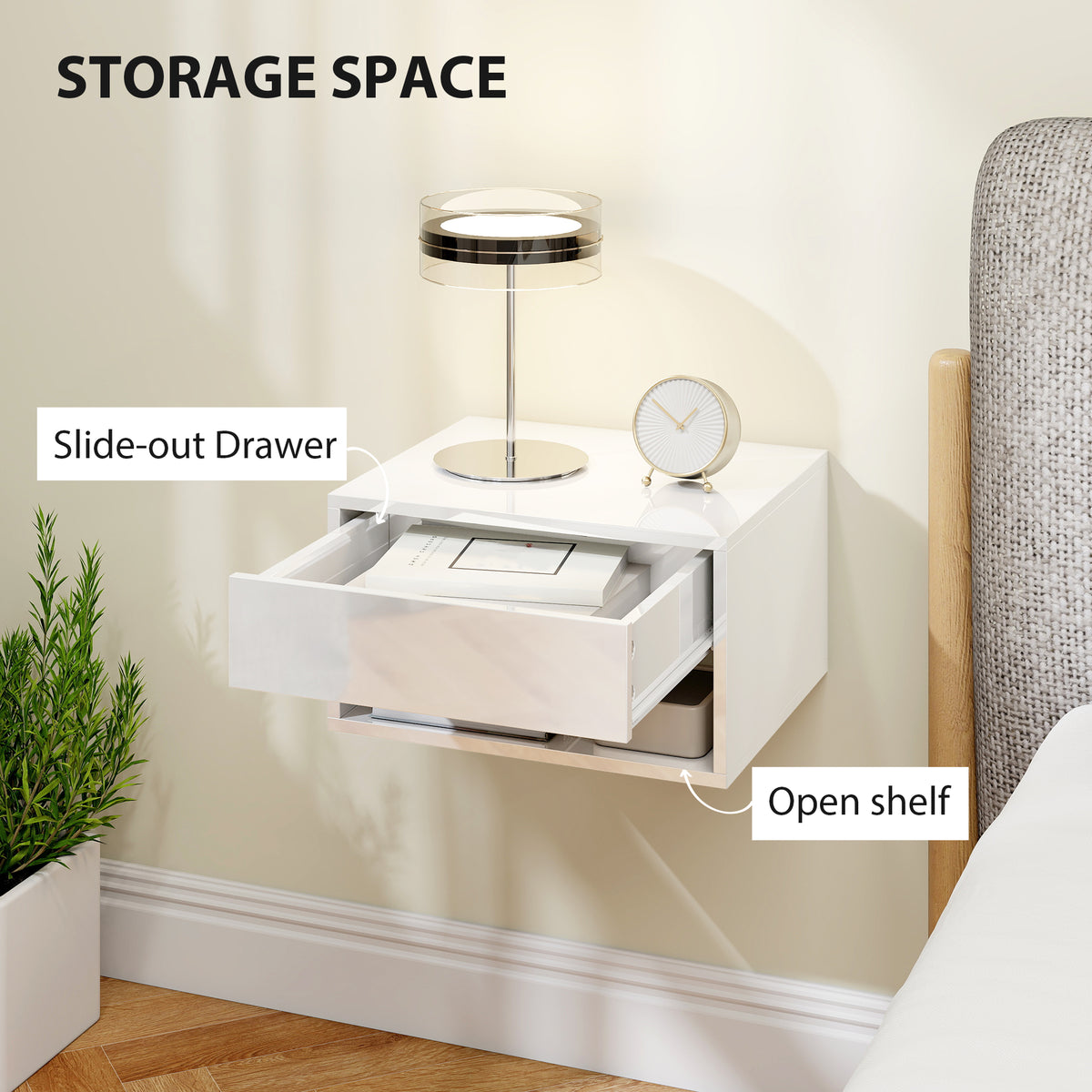 Floating Bedside Tables Set of 2 - High Gloss White-Home Furnishings > Bedroom Furniture > Bedside Tables-DECOROLALA