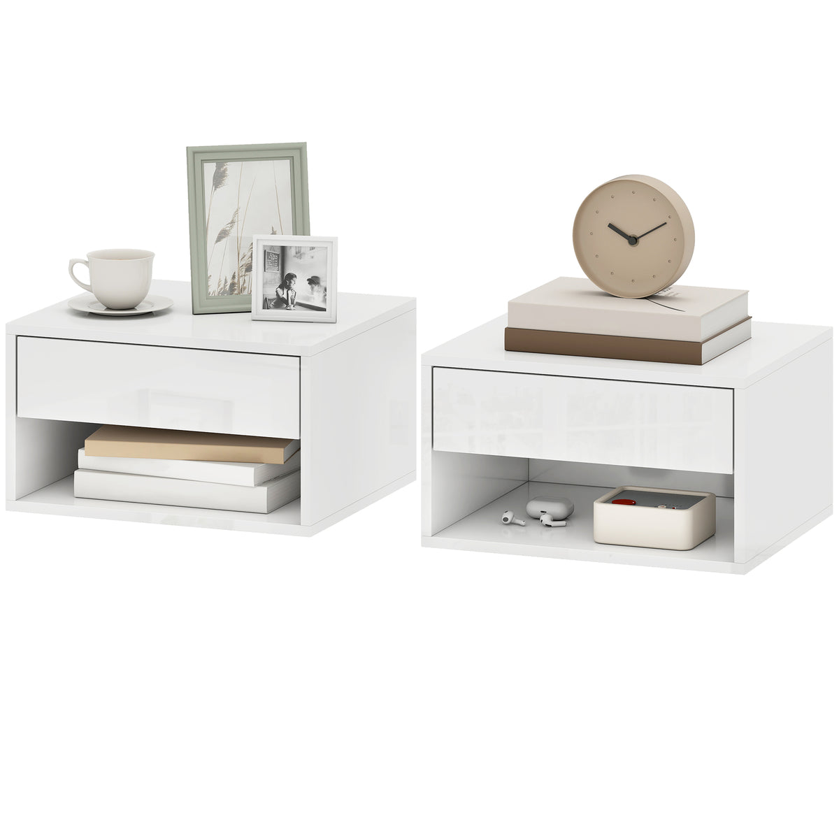 Floating Bedside Tables Set of 2 - High Gloss White-Home Furnishings > Bedroom Furniture > Bedside Tables-DECOROLALA