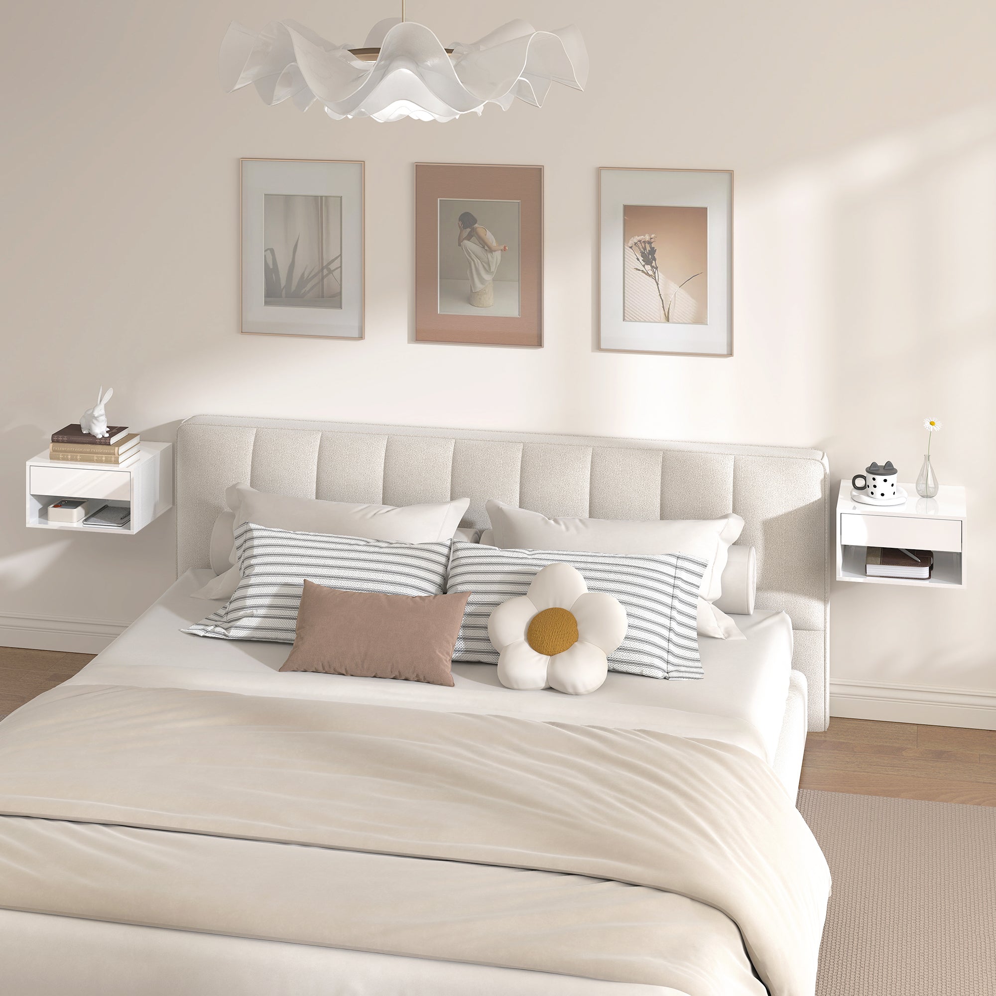 Floating Bedside Tables Set of 2, Wall-Mounted Nightstand, High Gloss White-Home Furnishings > Bedroom Furniture > Bedside Tables-DECOROLALA