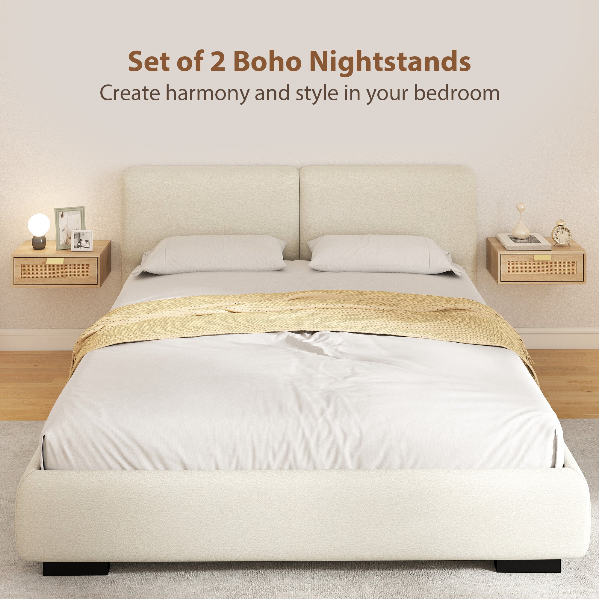 Floating Bedside Tables Set of 2, Wall Mounted Nightstands with Rattan Drawer and Wood Effect, Oak-Home Furnishings > Bedroom Furniture > Bedside Tables-DECOROLALA