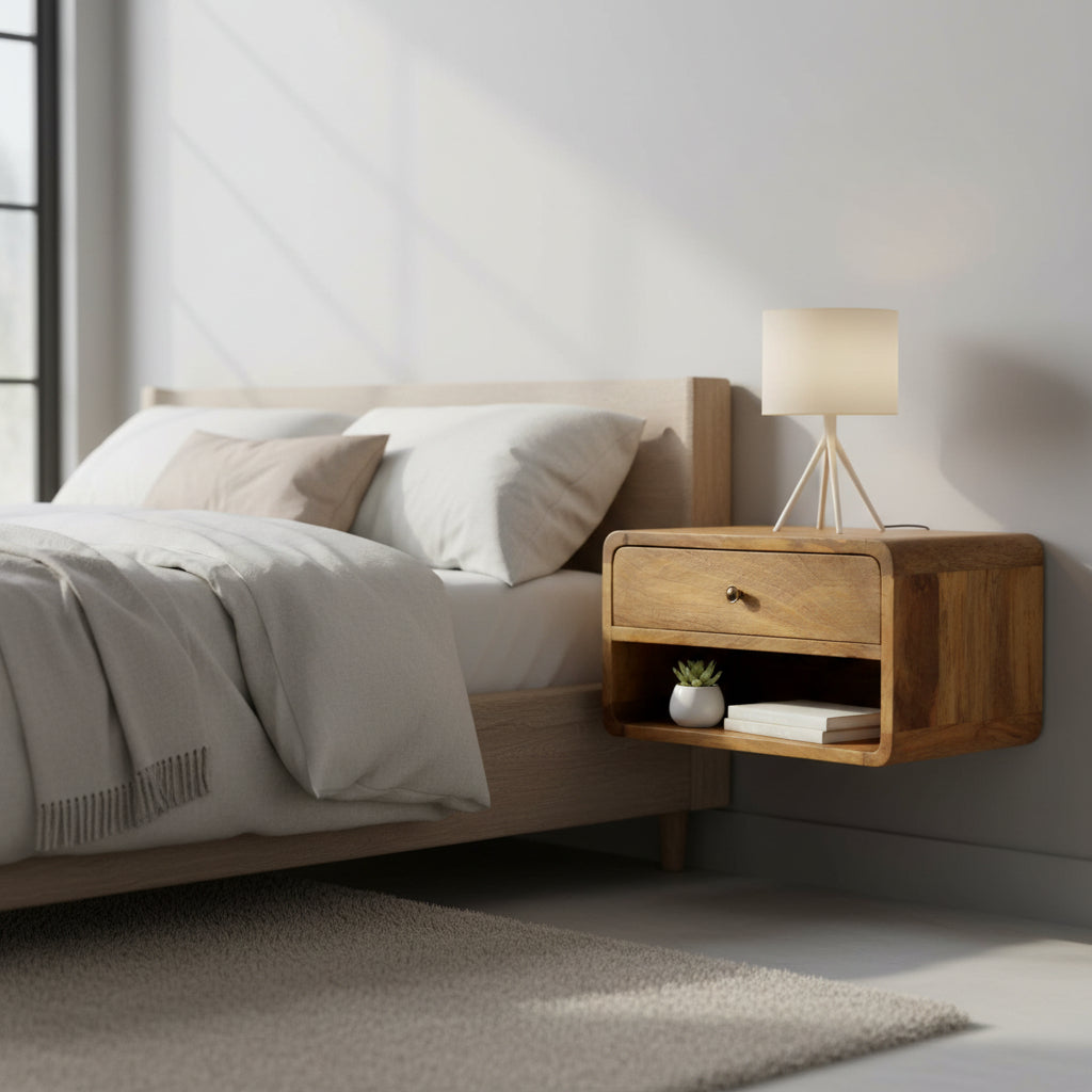 Floating Curve Nightstand - Solid Mango Wood Oak-ish Finish-Nightstand-DECOROLALA