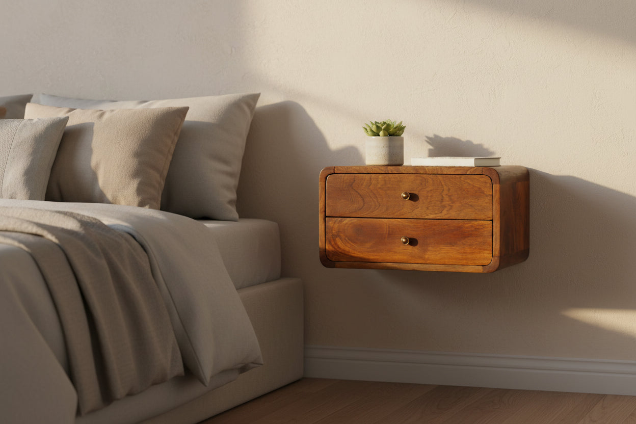 Floating Curved Chestnut Nightstand - Solid Mango Wood 2-Drawer-Nightstand-DECOROLALA