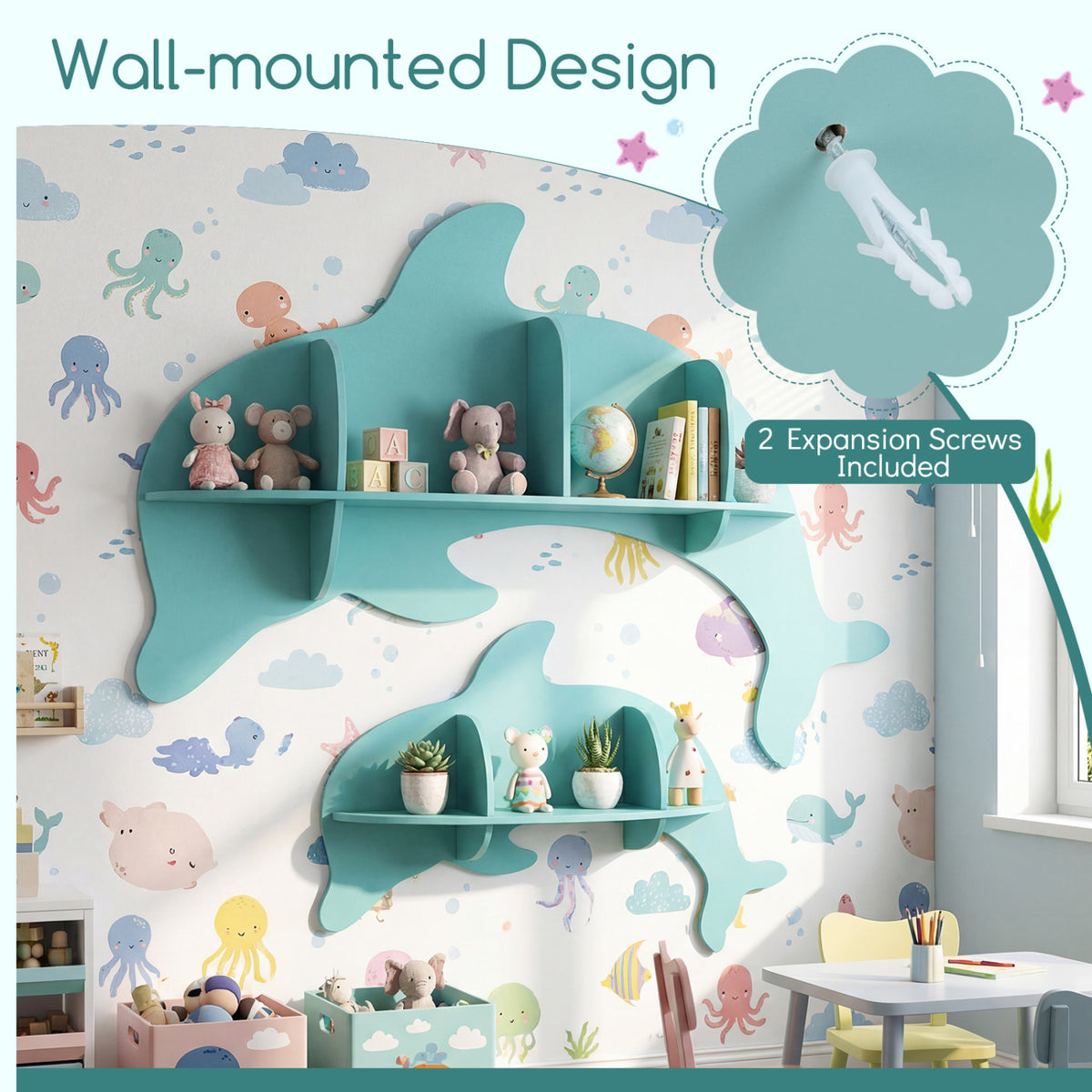 Floating Dolphin Shelves Wall Mounted Storage Display Rack-Blue-Kids Storage-DECOROLALA