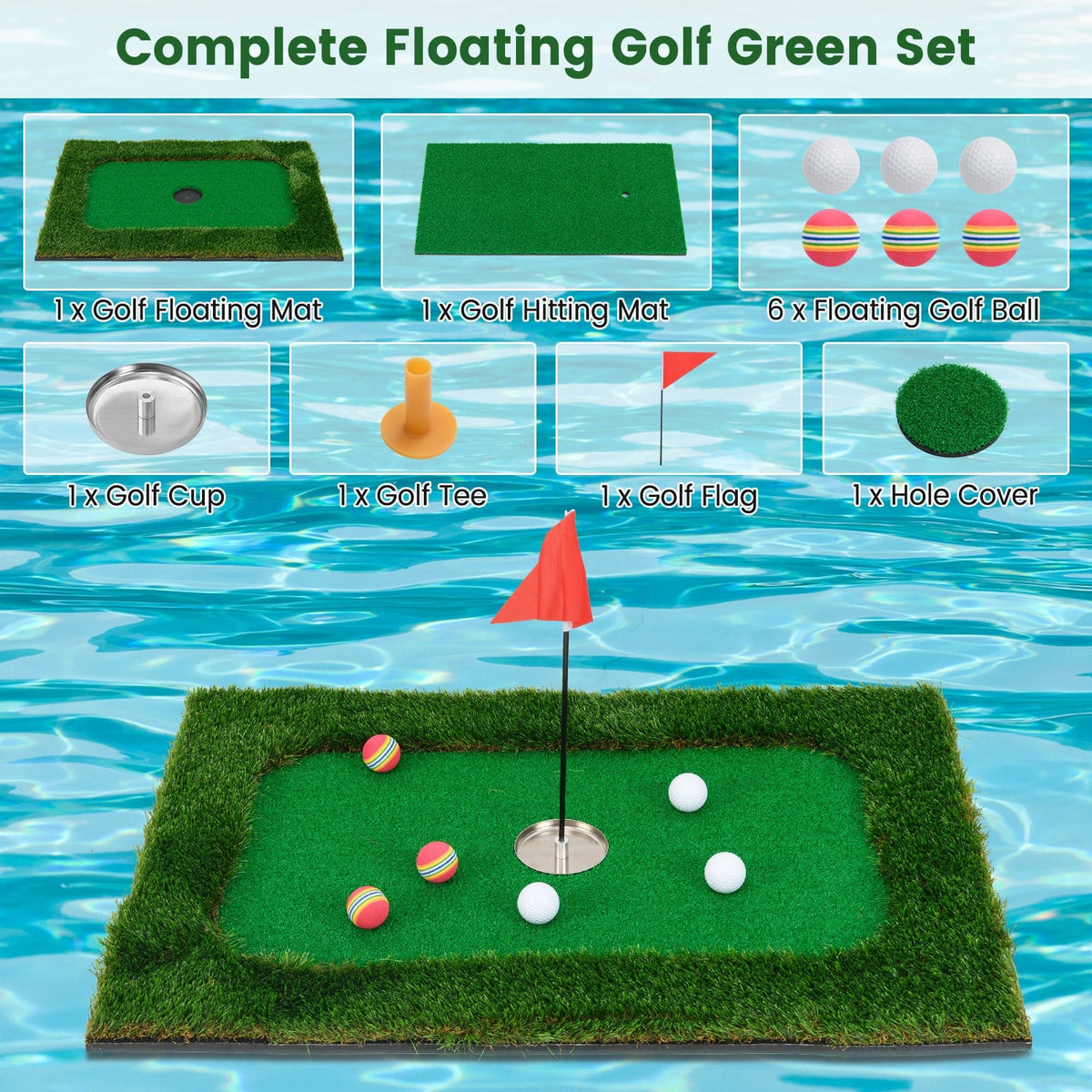Floating Golf Green for Pool with 6 Golf Balls and Golf Flag-Golf-DECOROLALA