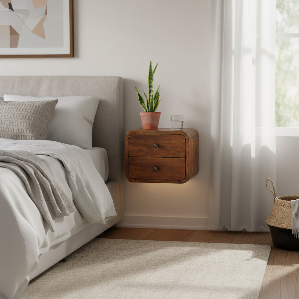 Floating Mini Chestnut Nightstand - Solid Mango Wood 2 Drawers-Nightstand-DECOROLALA