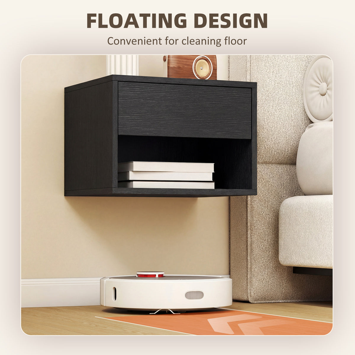 Floating Nightstand Set of 2 - Black Wall Mounted with Drawer-Home Furnishings > Bedroom Furniture > Bedside Tables-DECOROLALA