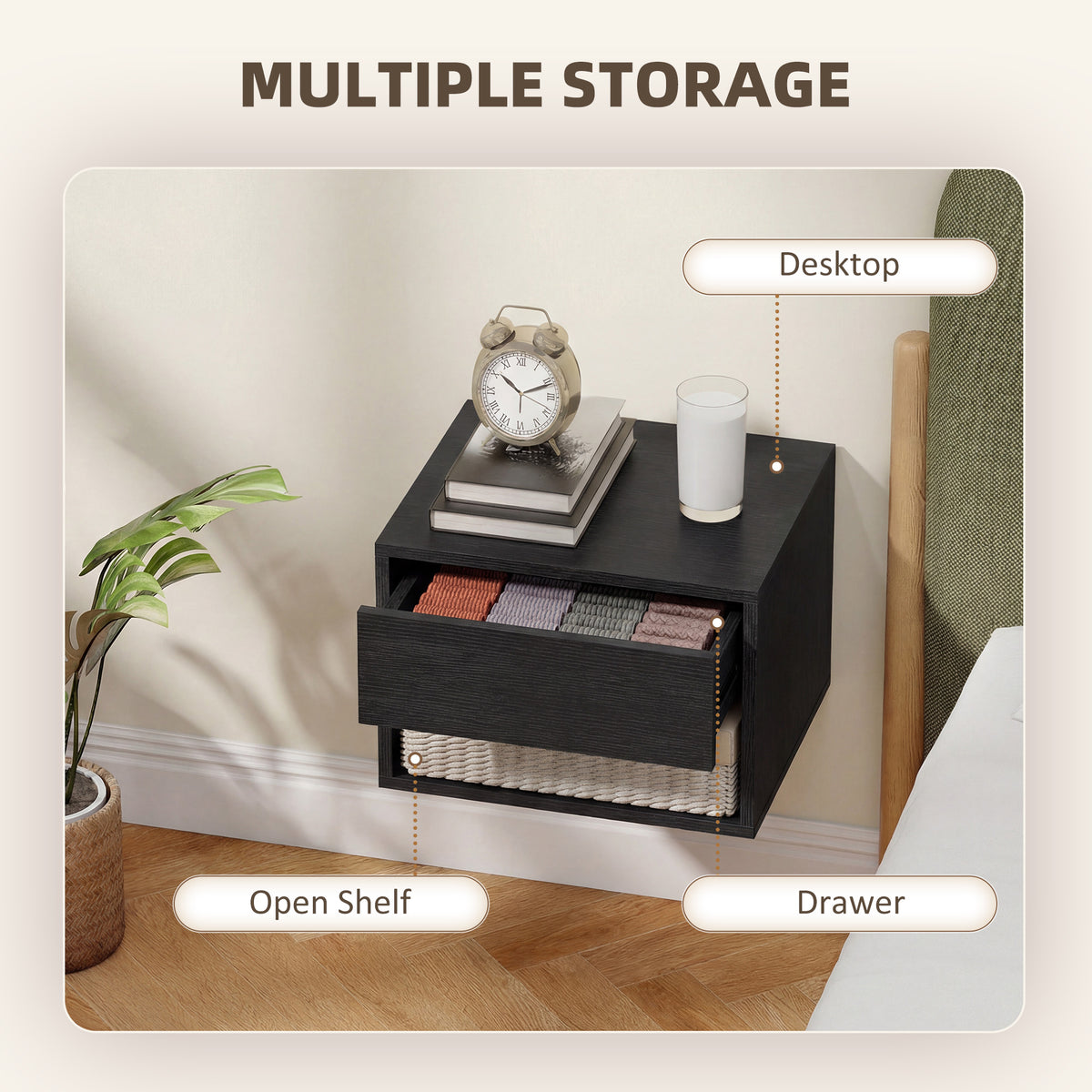 Floating Nightstand Set of 2 - Black Wall Mounted with Drawer-Home Furnishings > Bedroom Furniture > Bedside Tables-DECOROLALA