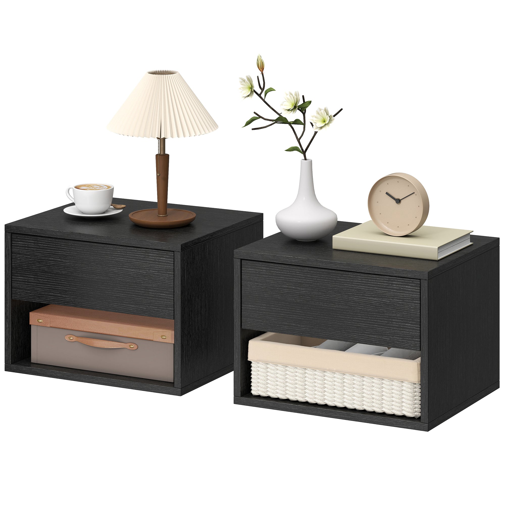 Floating Nightstand Set of 2 - Black Wall Mounted with Drawer-Home Furnishings > Bedroom Furniture > Bedside Tables-DECOROLALA