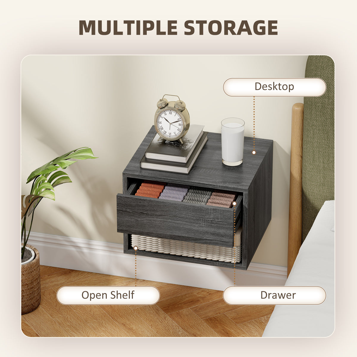 Floating Nightstand Set of 2 - Grey Wall Mounted Tables-Home Furnishings > Bedroom Furniture > Bedside Tables-DECOROLALA
